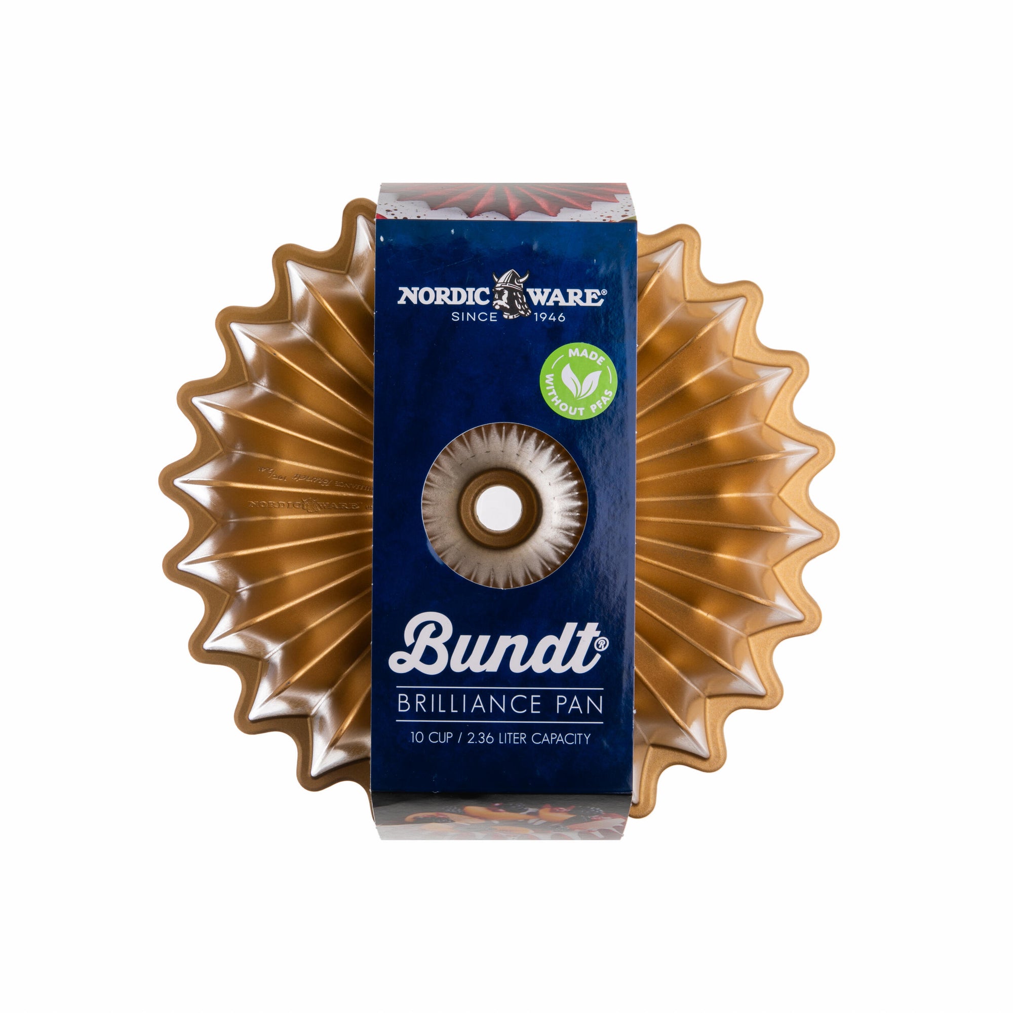 Sunburst shaped gold colored bundt baking pan on a white background.