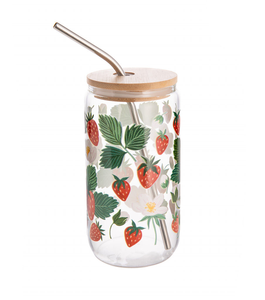 Take your refreshing beverage to go with this adorable Strawberry Patch Glass Can! This glass can with a bamboo lid and metal straw can hold any cool drink, from iced coffee to seltzers and freshly squeezed juice. 16-oz. capacity Hand-painted Dimensions: 6.1" H x 3.2" D Care instructions: hand-wash only.