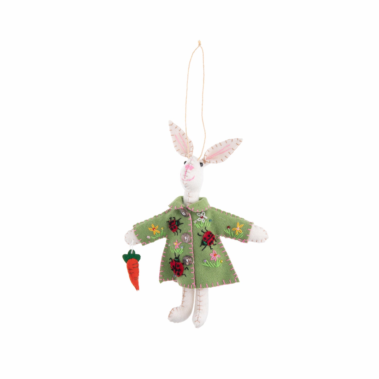 This ornament is decorated with flowers and ladybugs for adorable botanical detail. This stylish hare will look adorable hung up anywhere you decide. 
