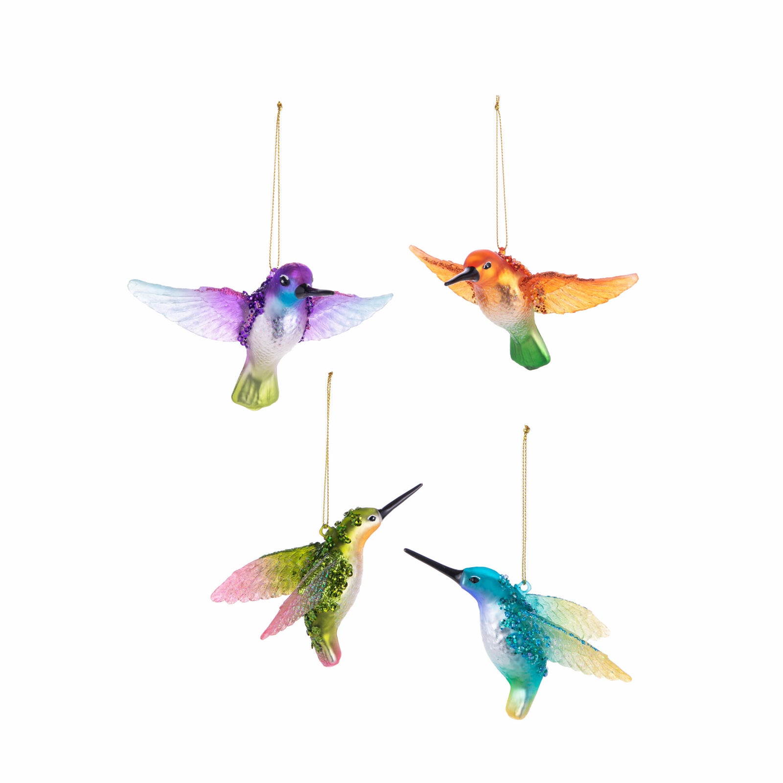 Four colorful hummingbird ornaments on a white background