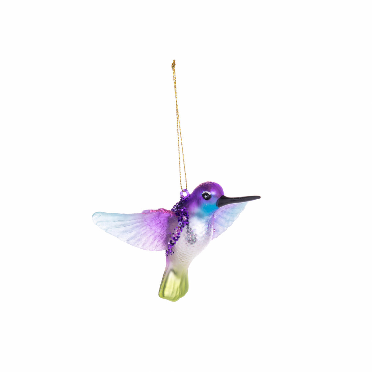 Decorative glass hummingbird ornament on a white background