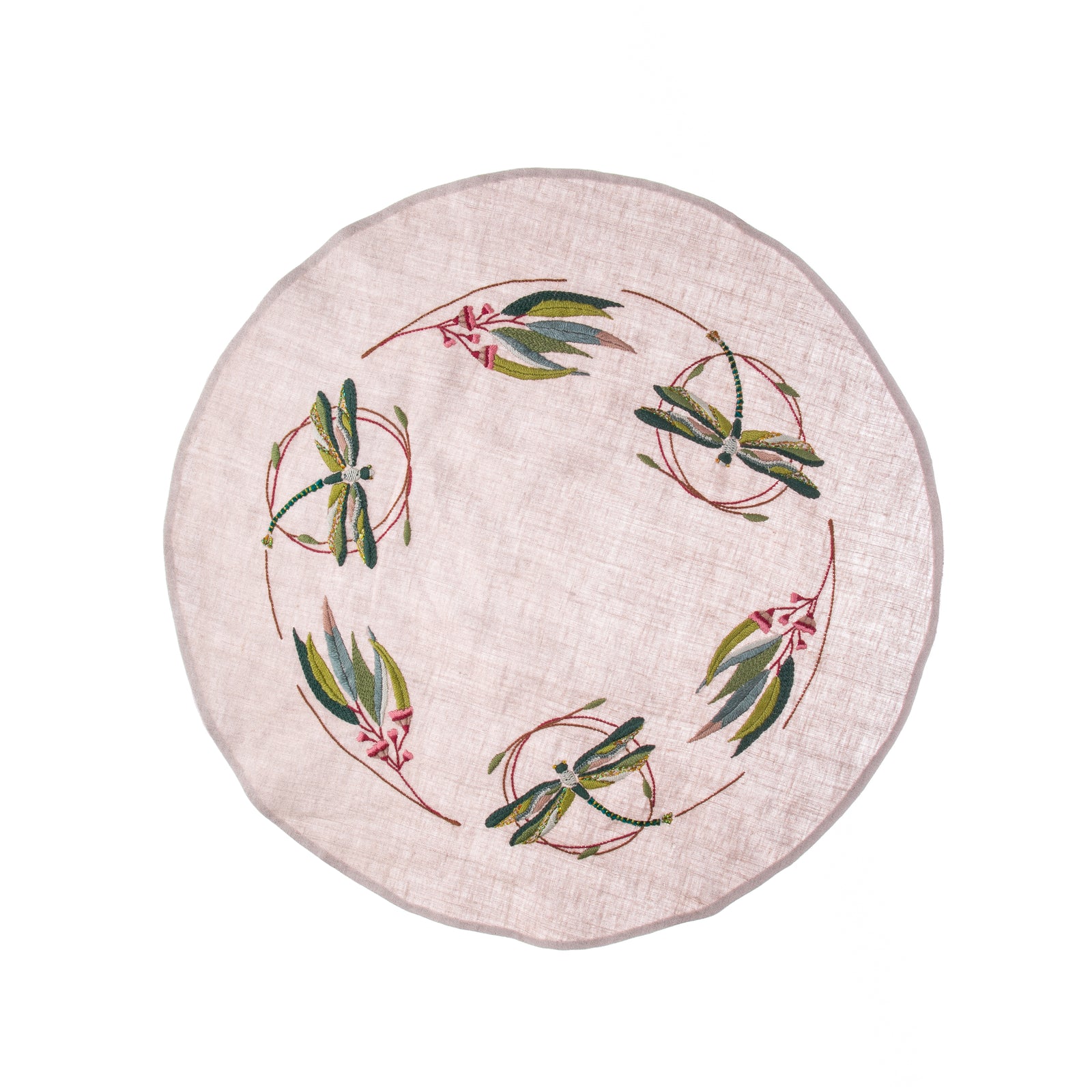 This delightful Arts & Crafts style embroidery kit includes the finest materials to create a high-quality finished table round. The base is natural colored 100% linen, printed with the embroidery design. Silk, wool, chenille, metallic and cotton threads are included. Finished table round diameter: 20".