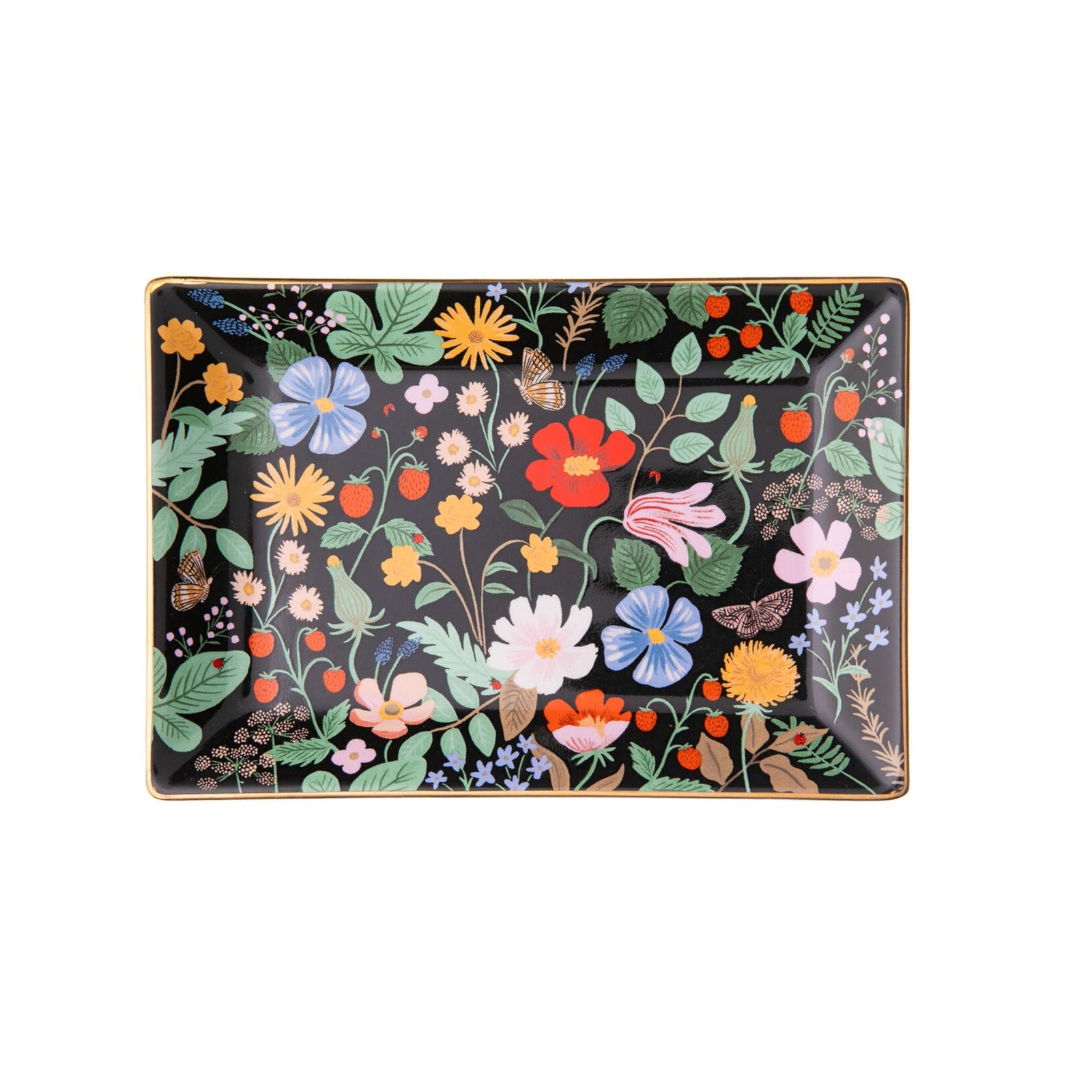 Keep track of all your trinkets with this handy catch-all tray, perfectly sized for keys or jewelry. This porcelain dish features a gorgeous 'Strawberry fields' print with a deep black base and has a metallic gold rim for extra shine. Material: Porcelain Dimensions: 4.5" x 6.5" x 1"
