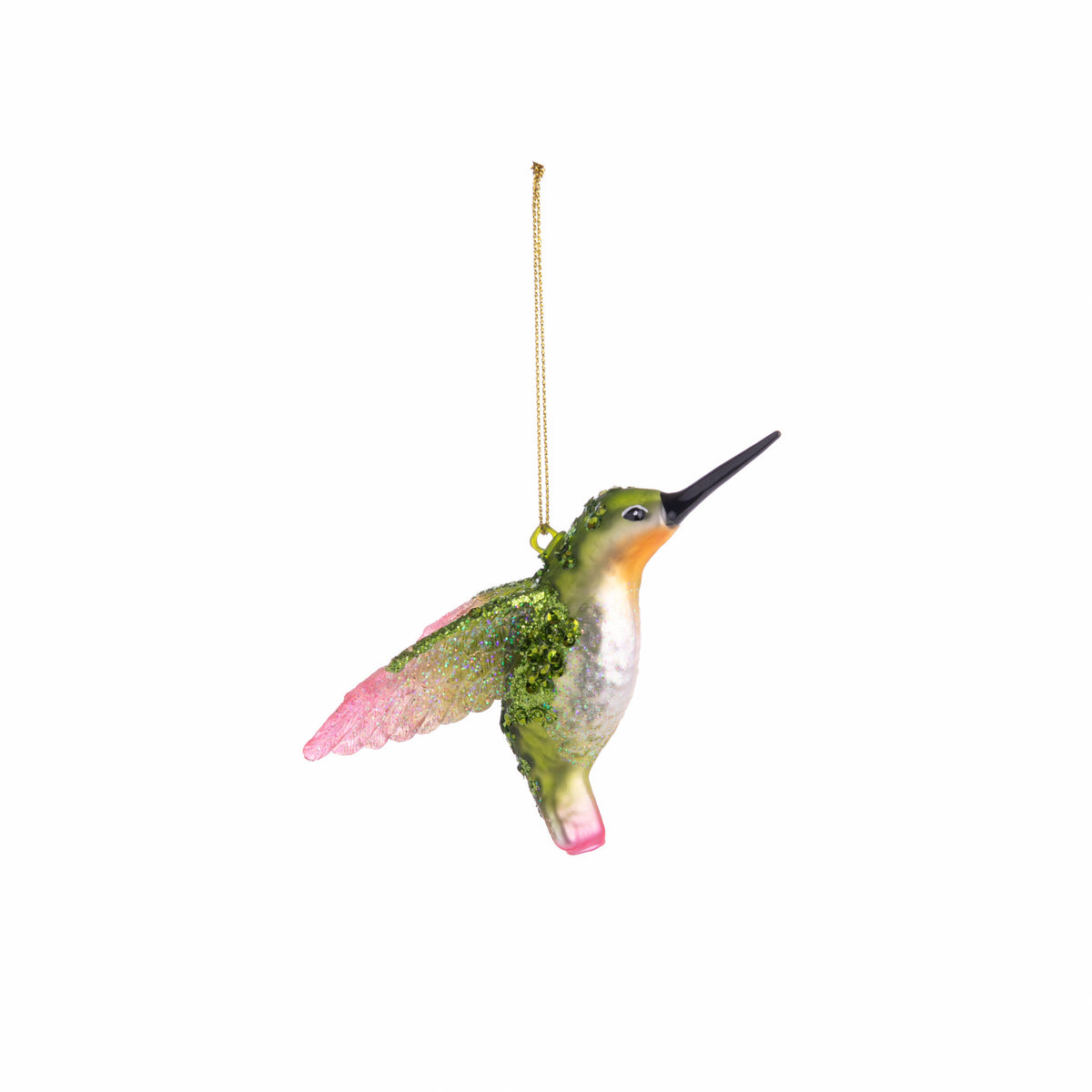 Decorative hummingbird ornament with pink wings on a white background