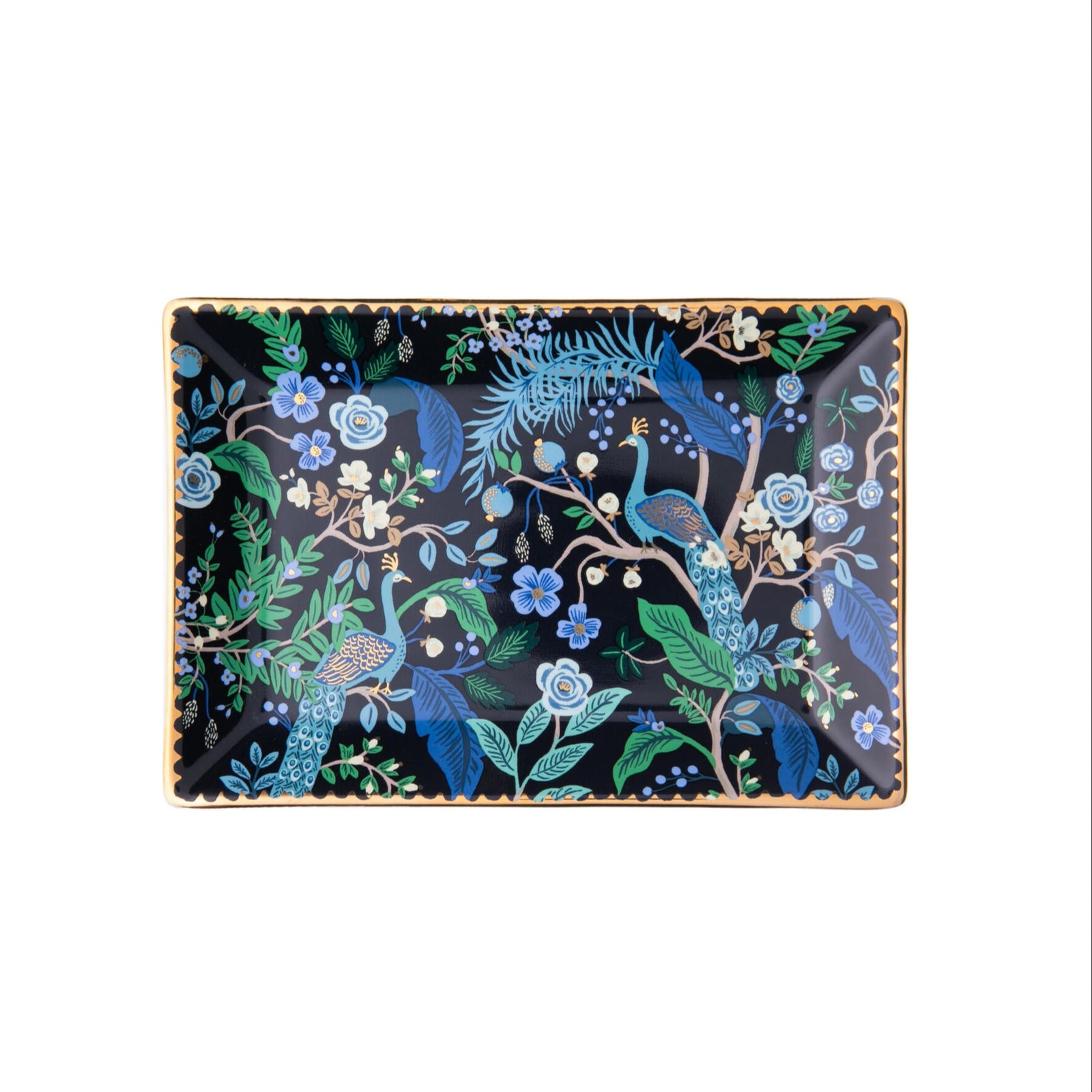 Keep track of all your trinkets with this handy catch-all tray, perfectly sized for keys or jewelry. This porcelain dish features a gorgeous Peacock print in a deep blue and has a metallic gold scalloped rim and gold accents for extra shine. Material: Porcelain Dimensions: 4.5" x 6.5" x 1"
