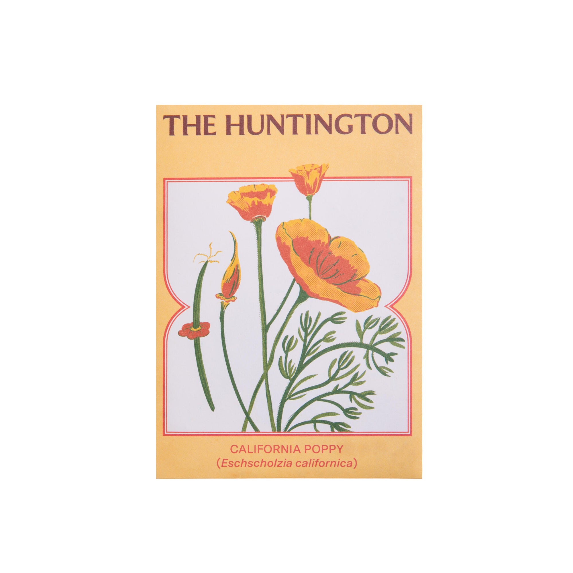 Seed packet with illustration of California poppies and 'The Huntington' branding on a white background