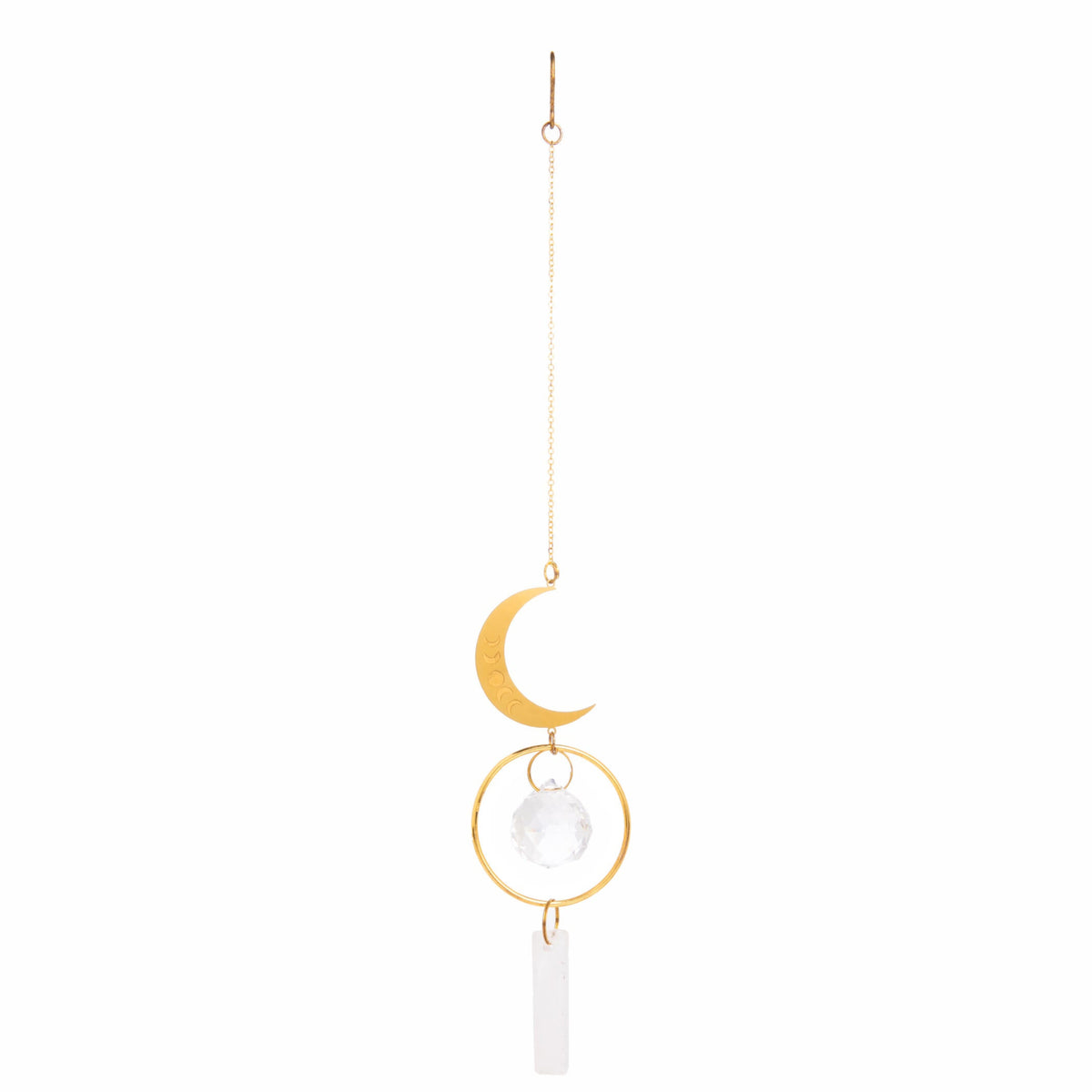 Decorative hanging ornament with a gold crescent moon and white sphere on a white background