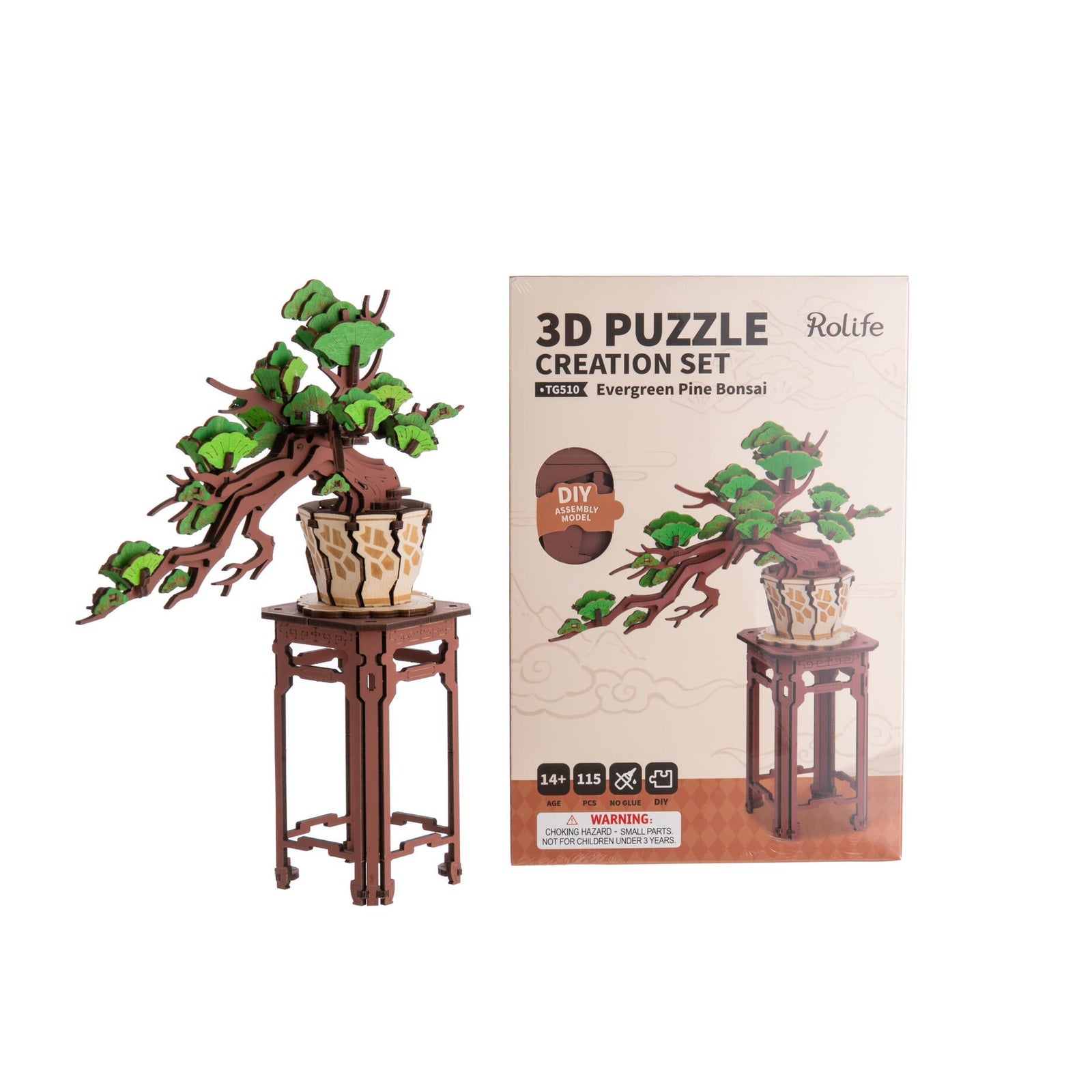3D puzzle creation set with plant and stand next to its packaging on a white background