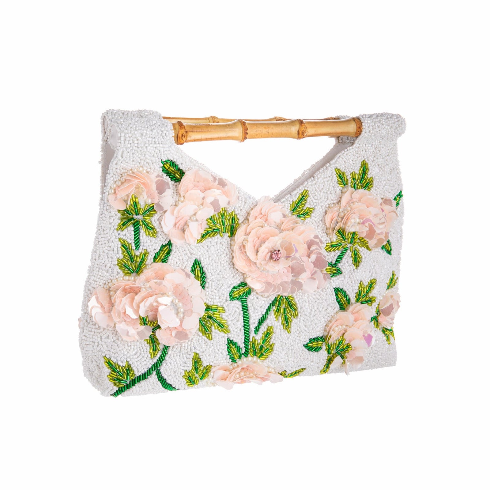 The perfect purse for any rose gardener or anyone who simply admires roses. This striking design is fully hand-beaded and features three-dimensional pink petaled roses, accented with crystal stones and pearl beads. The roses are surrounded by shiny white beads and two-tone green leaves, made from gleaming bugle beads