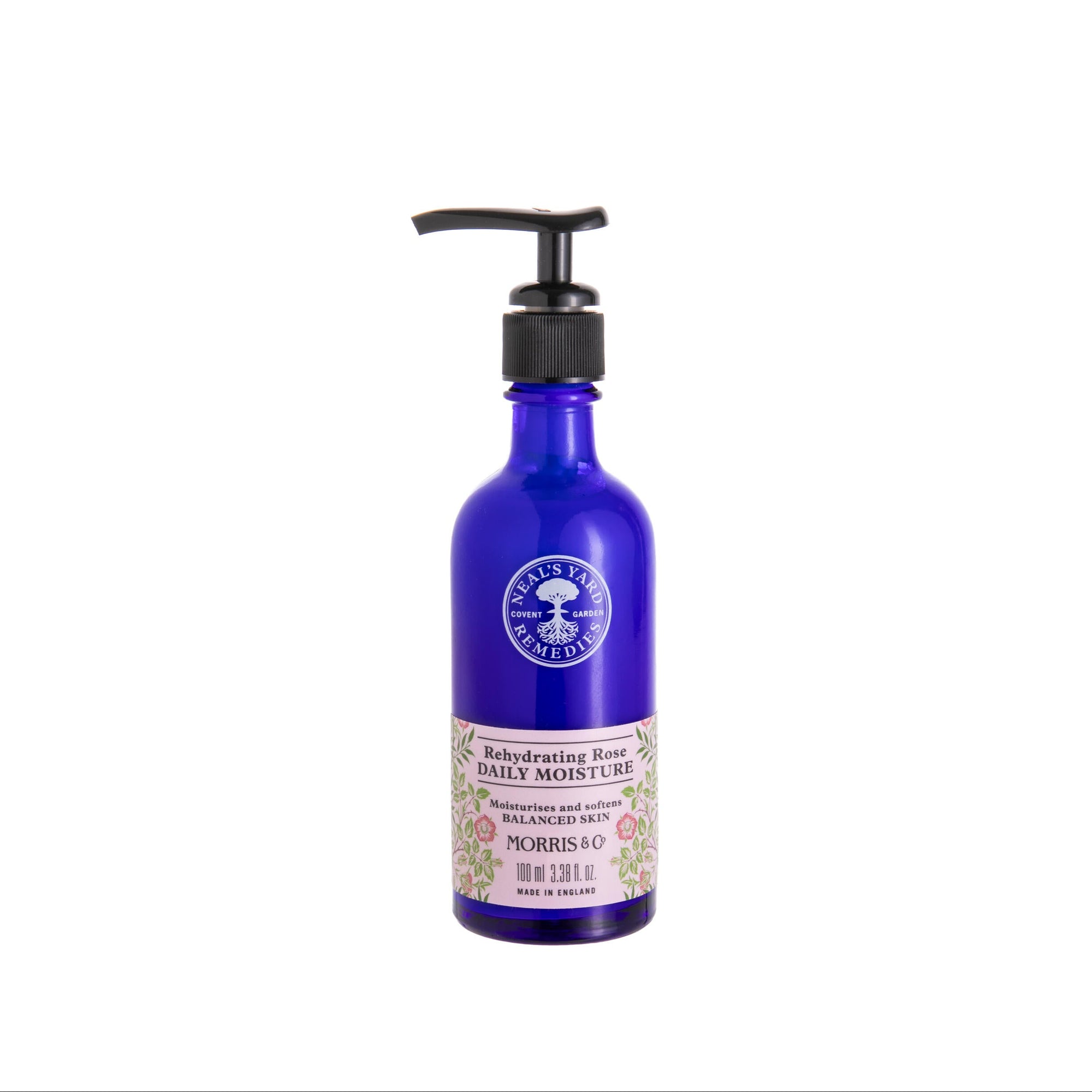 Blue bottle with pump dispenser on a white background