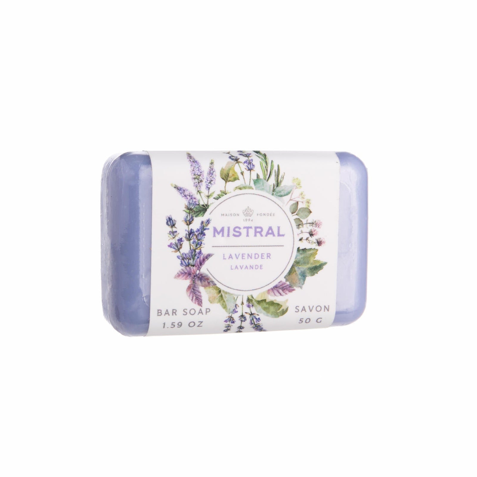 Bar of lavender soap with a 'Mistral' label on a white background