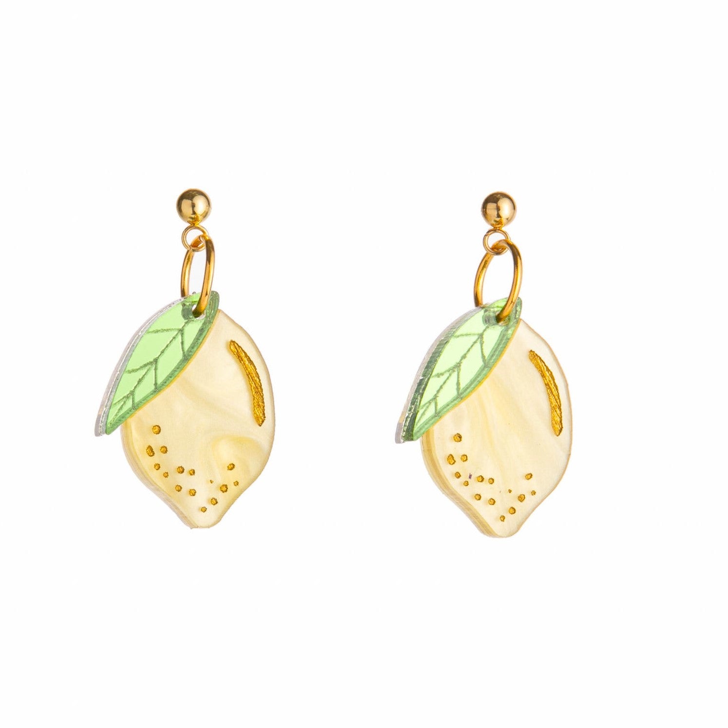 If life gives you these lovely lemon earrings, you're winning fashion-wise! These lightweight and fun earrings are made from laser-etched acrylic, with hand-painted details, giving them a three-dimensional effect. The studs are made from 18k gold plated stainless steel, making them safe and comfortable to wear. Materials: Acrylic, stainless steel, 18k gold plated Dimensions: 1" x 0.6"