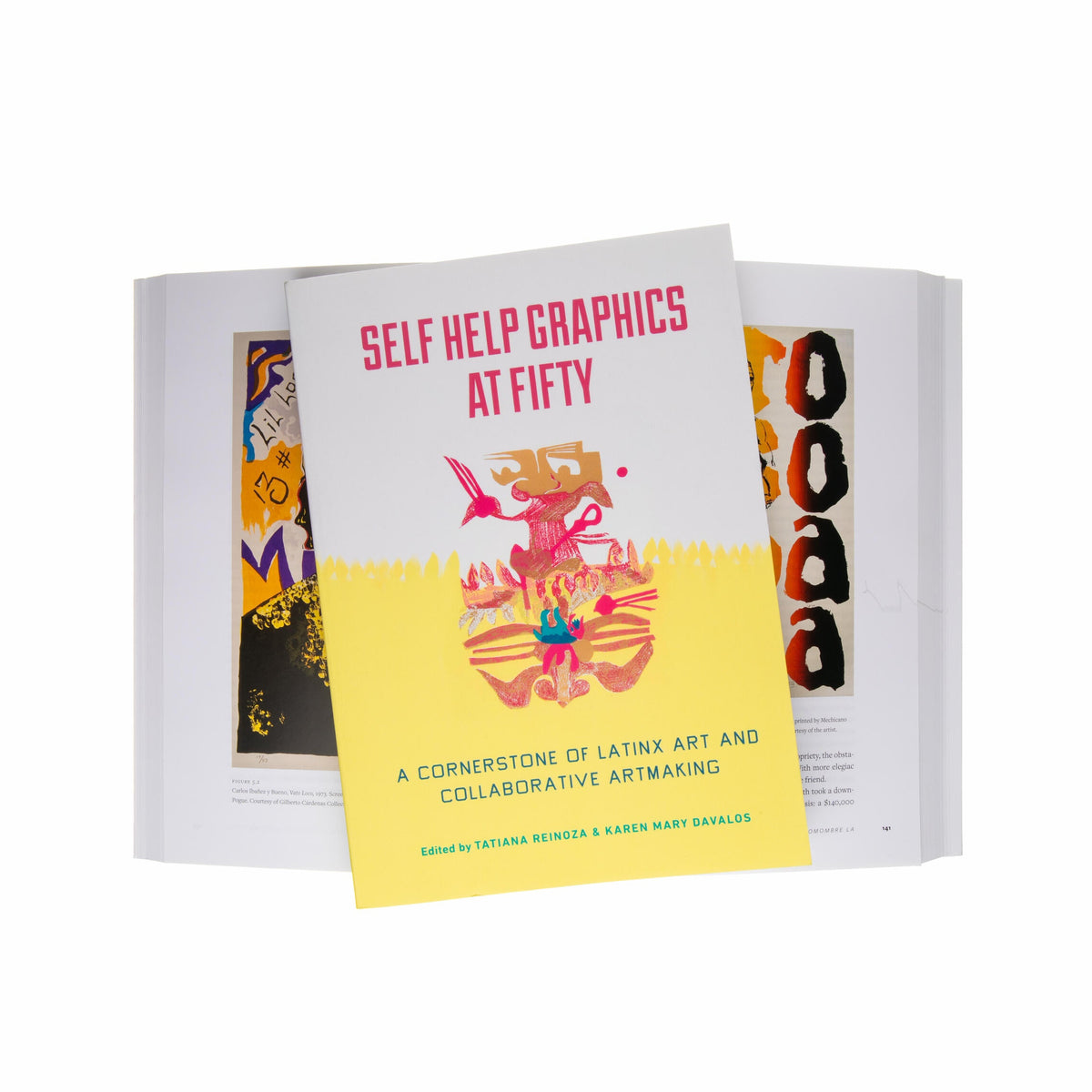 Book titled &#39;Self Help Graphics at Fifty&#39; with colorful illustrations on a white background