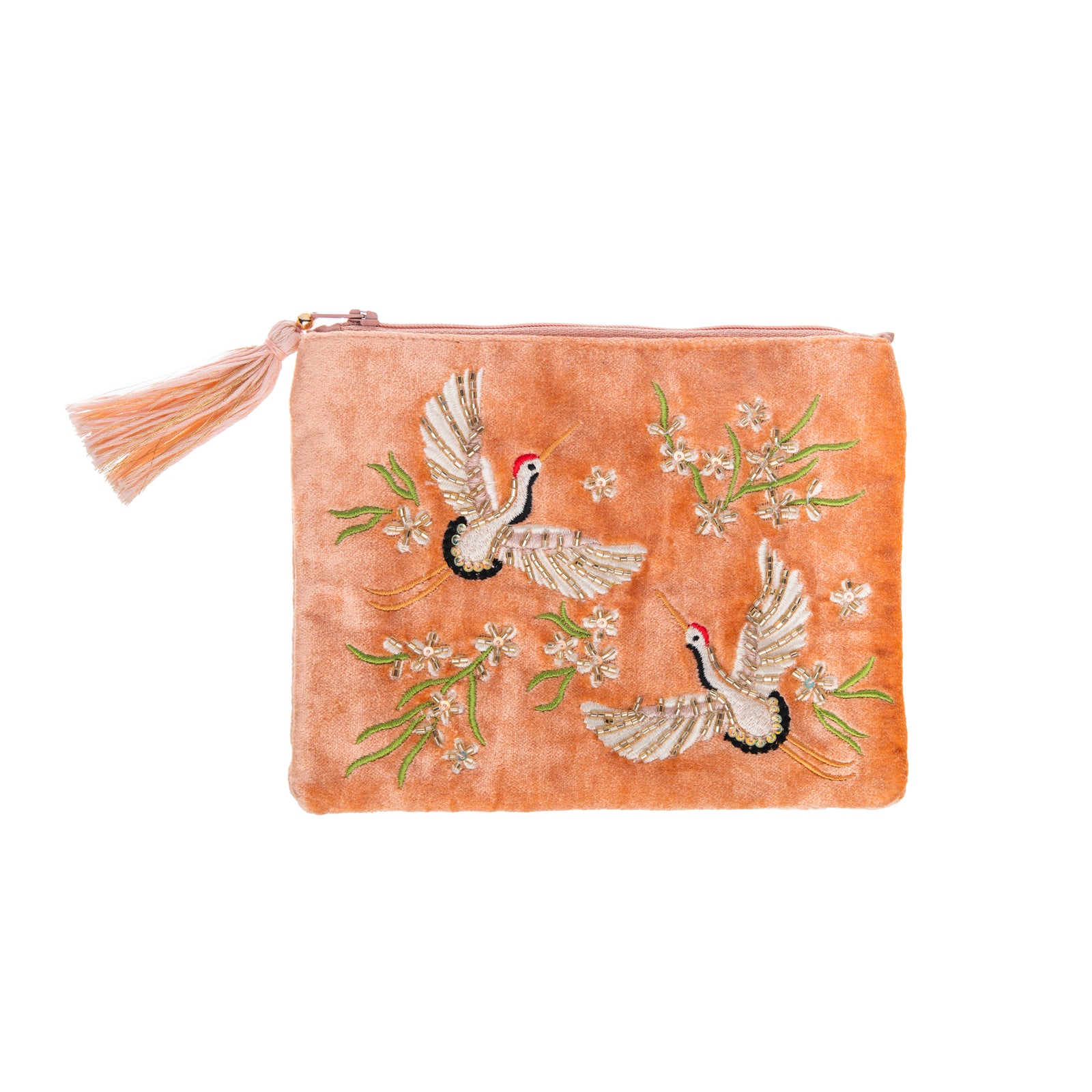 This zipper purse is made from high-quality velvet material. Features a pair of embroidered herons with bead embellishments, and a decorative tassel. 