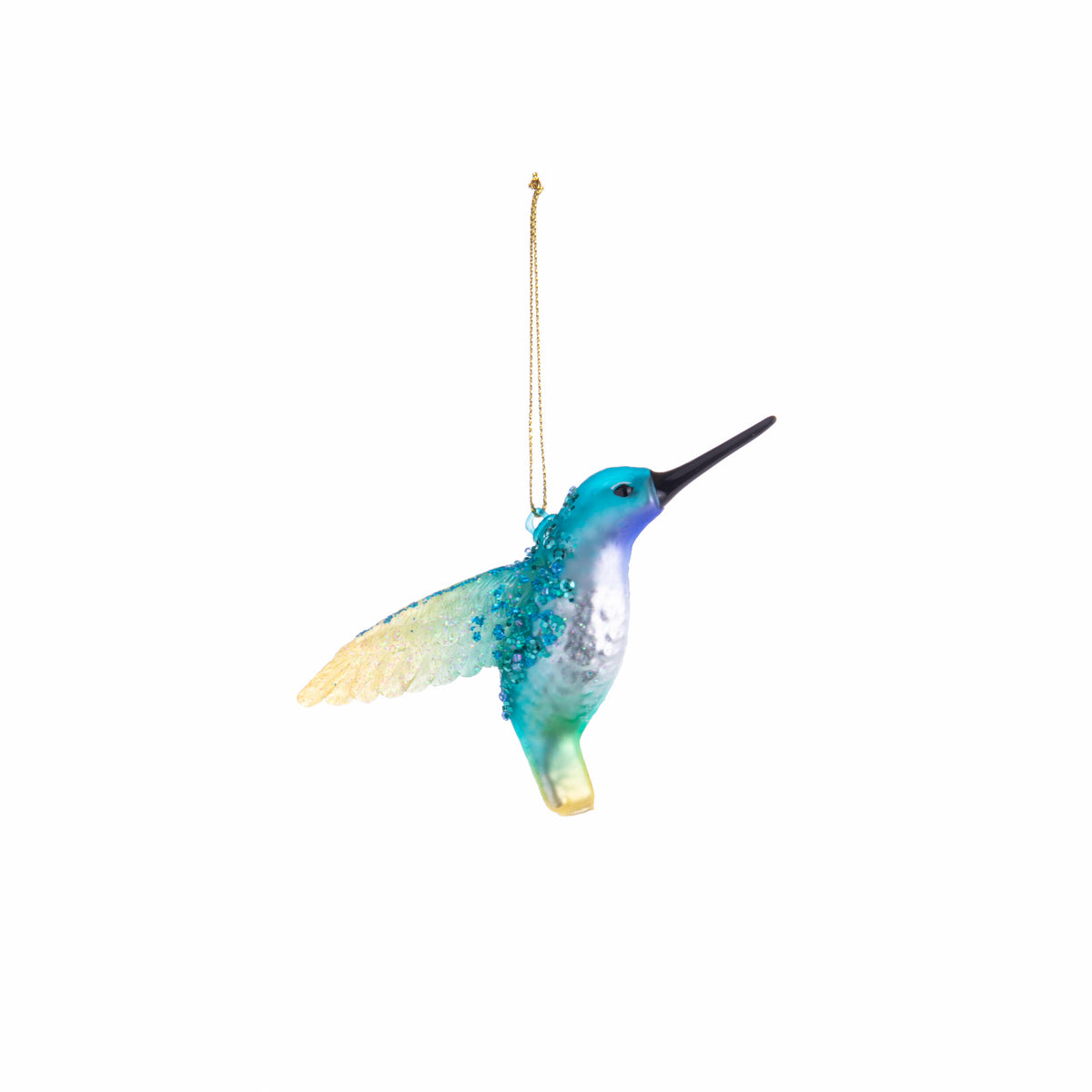 Decorative hummingbird ornament with blue and green colors on a white background