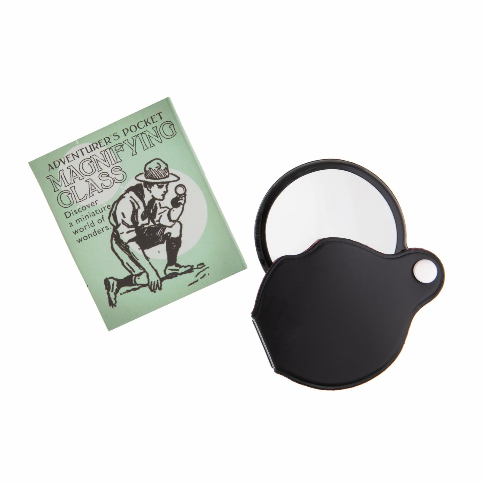 Black magnifying glass with a green label on a white background