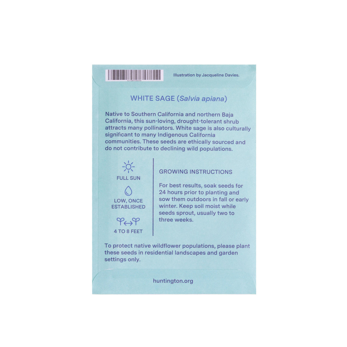 Seed packet for White Sage with growing instructions on a light blue background