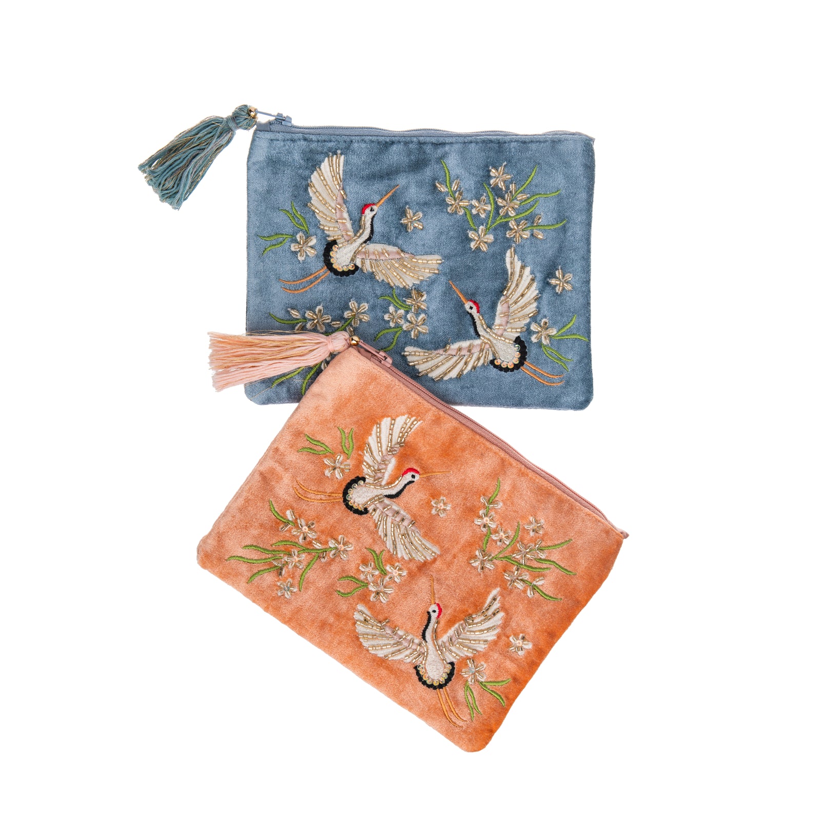 This zipper purse is made from high-quality velvet material. Features a pair of embroidered herons with bead embellishments, and a decorative tassel. 
