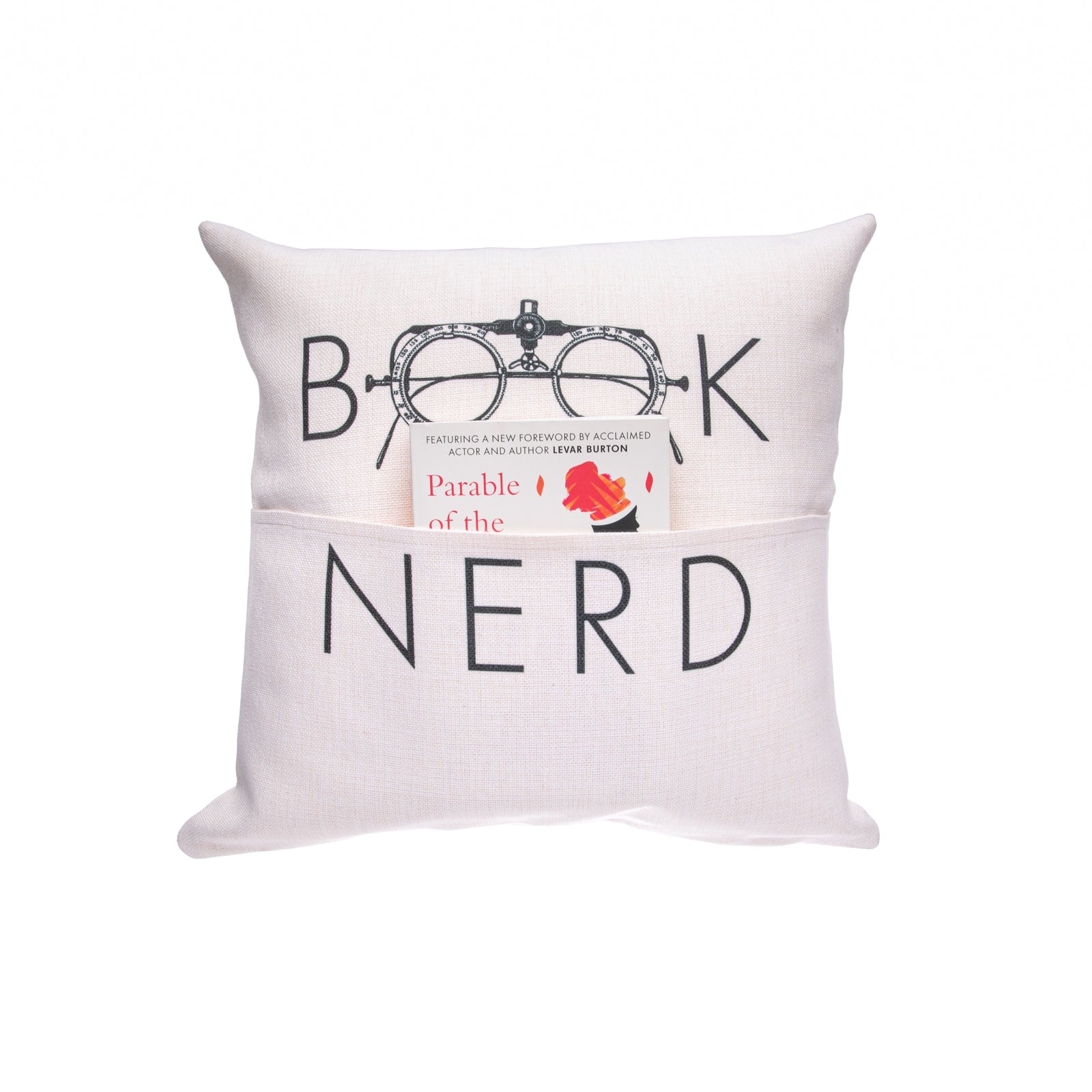 Relax with your favorite book, and then stow it away neatly when you're done with this handy 'Book Nerd' pillow cover. Made from a soft, durable fabric the pocket can also be used to store your tablet, TV remote, or anything you want to keep tucked away on your couch or bed. Fits an 18" x 18" pillow insert.