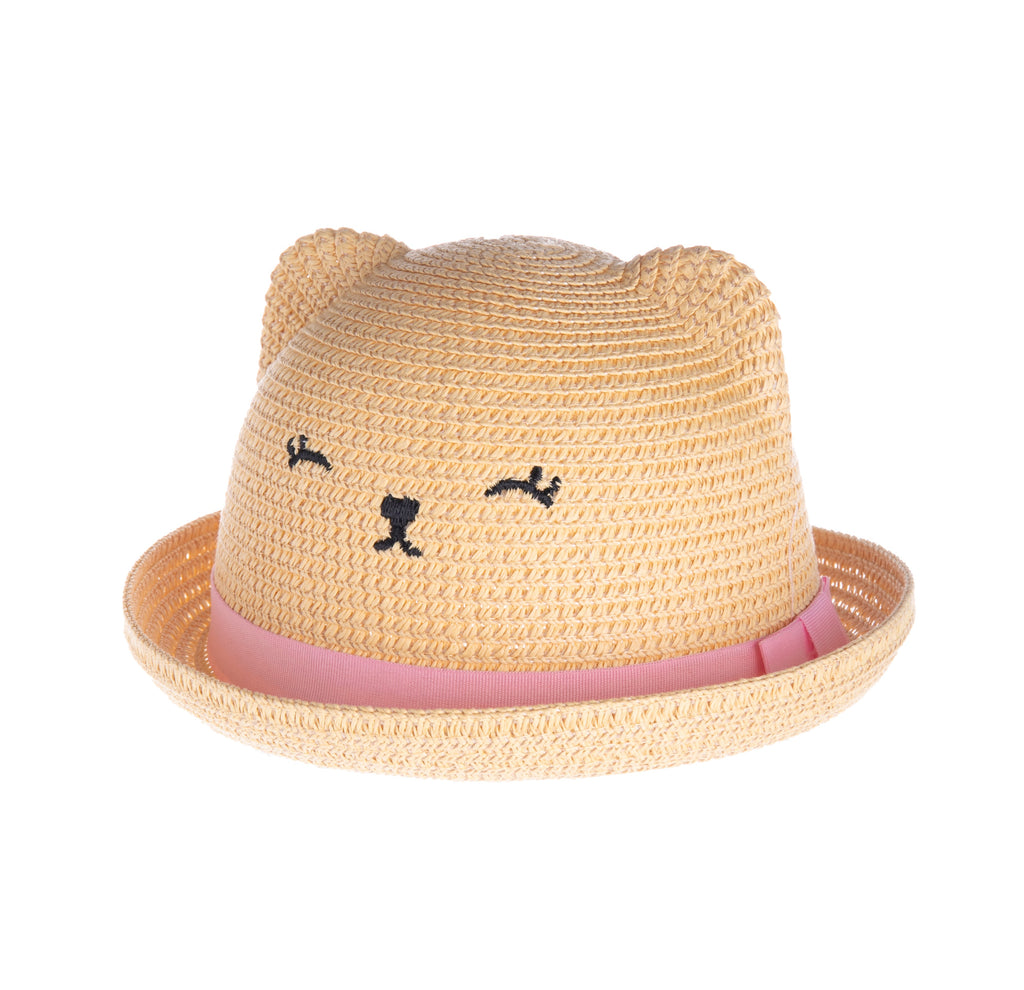 Looking for the purr-fect sunhat for your little one? This might just be it! This fun yet functional hat has the cutest kitty face embroidered on the front and two little ears on the top! It's finished off with a pink grosgrain hatband. It is made from durable and breathable paper straw and lined with soft gauzy cotton