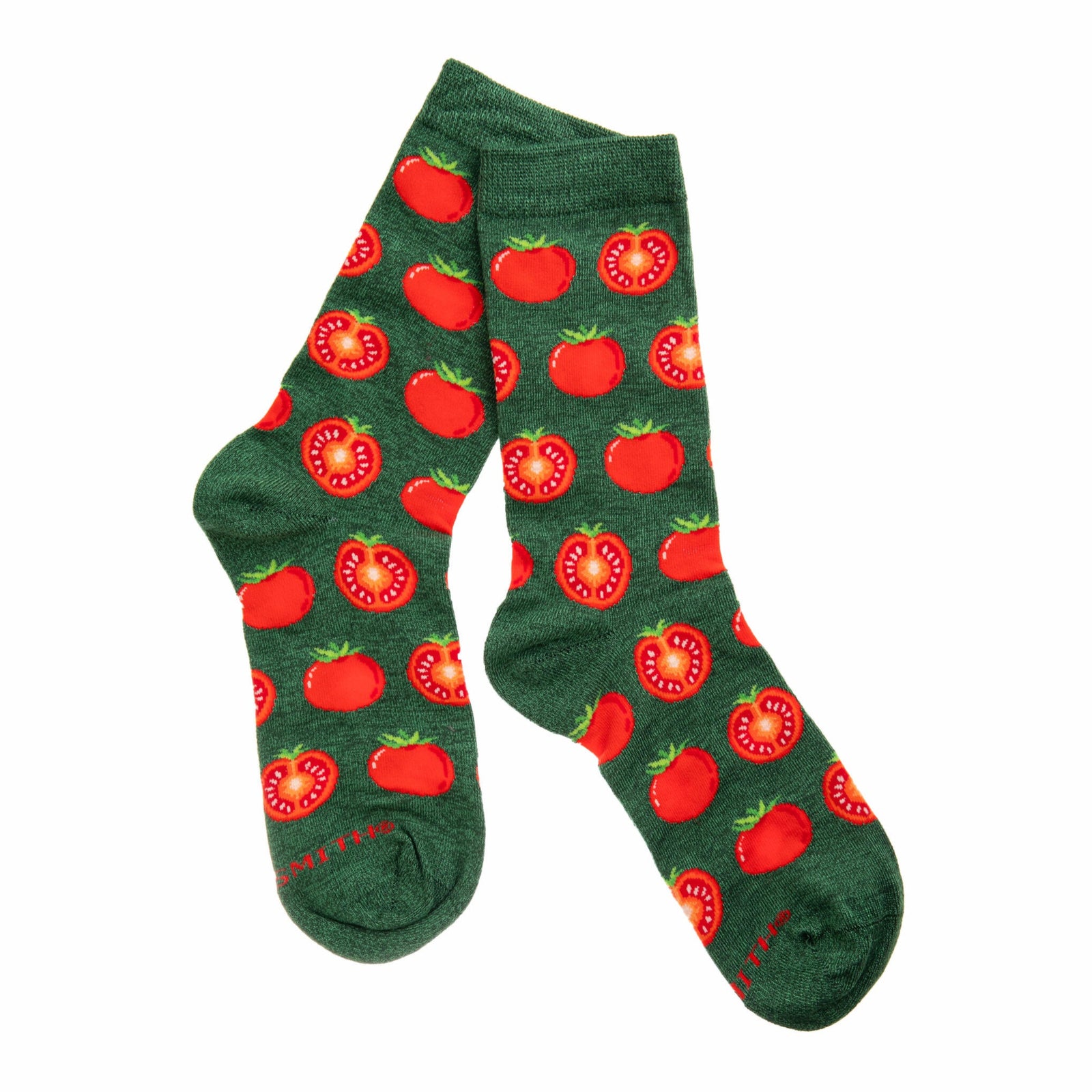 Green socks with red tomato pattern on a white background