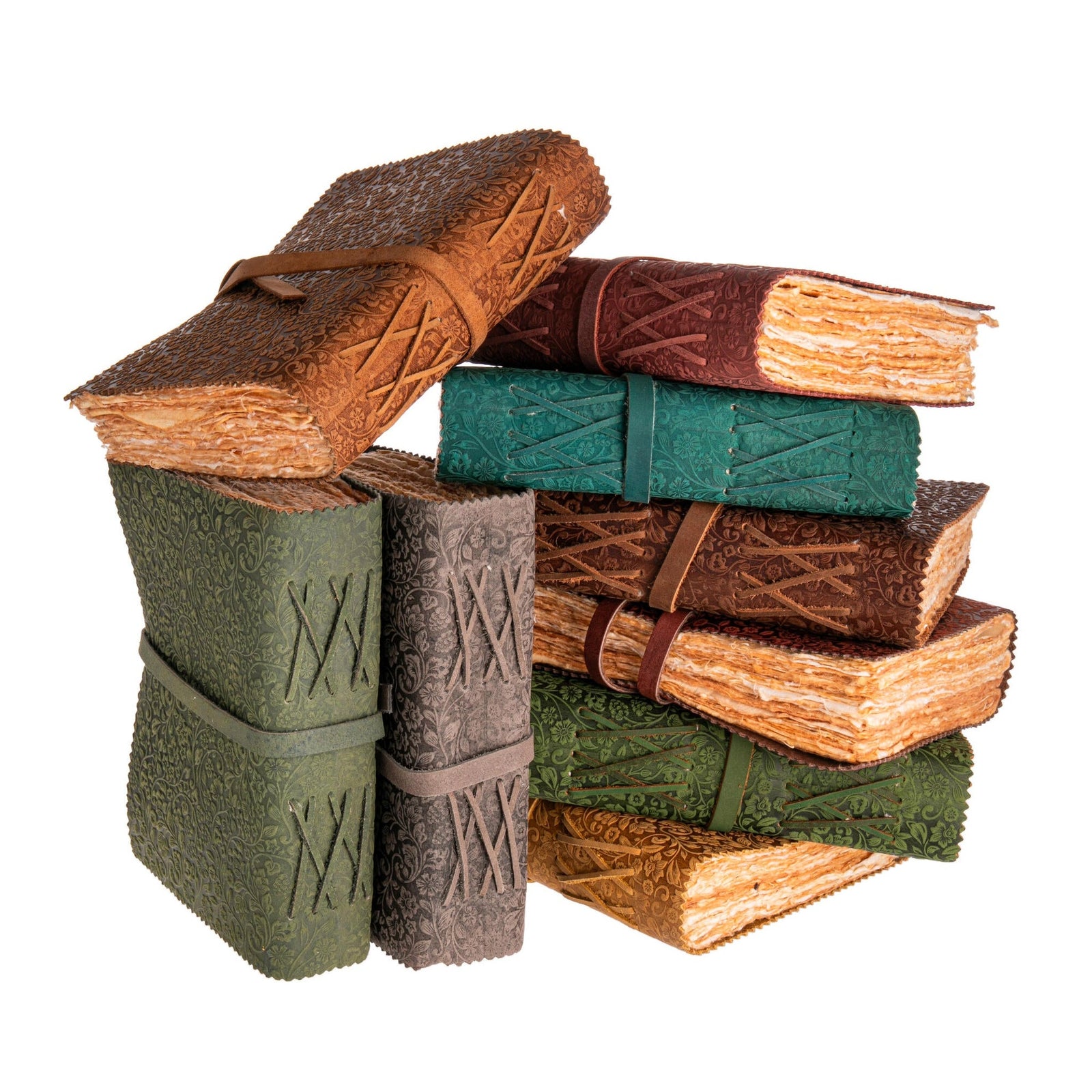 Stack of decorative books with leather bindings in various colors on a white background