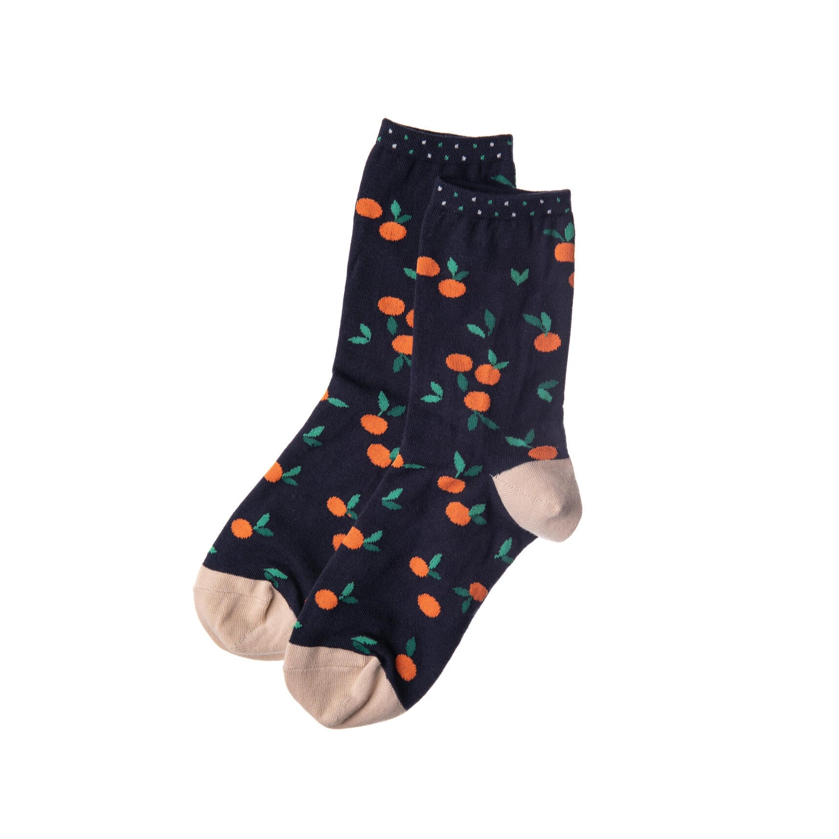 Add a fruity and fun splash to your everyday outfits. These clementine-covered crews are just as bright, sweet, and good for you as the tiny, tangy fruit that inspired the design. Material: 61% cotton, 24% nylon, 12% polyester, 3% spandex One size fits most - Recommended women's US size 6 - 9.5