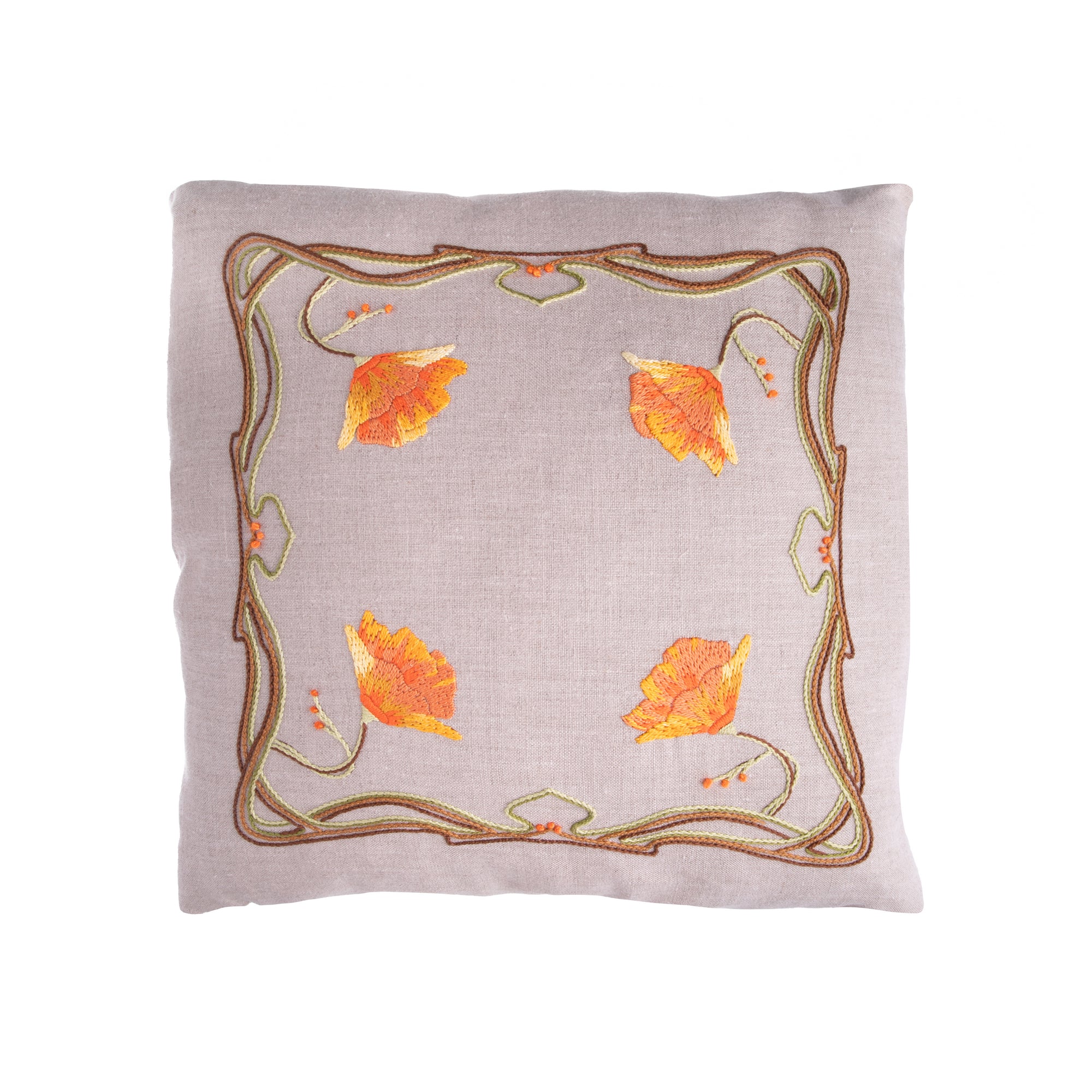 This Arts & Crafts embroidery kit includes materials to create a high-quality throw pillow. The base is 100% linen printed with the embroidery design. Silk and mohair threads are included to give a multi-dimensional finish. Materials: Linen, silk, mohair Finished pillow size: Approx 20" square