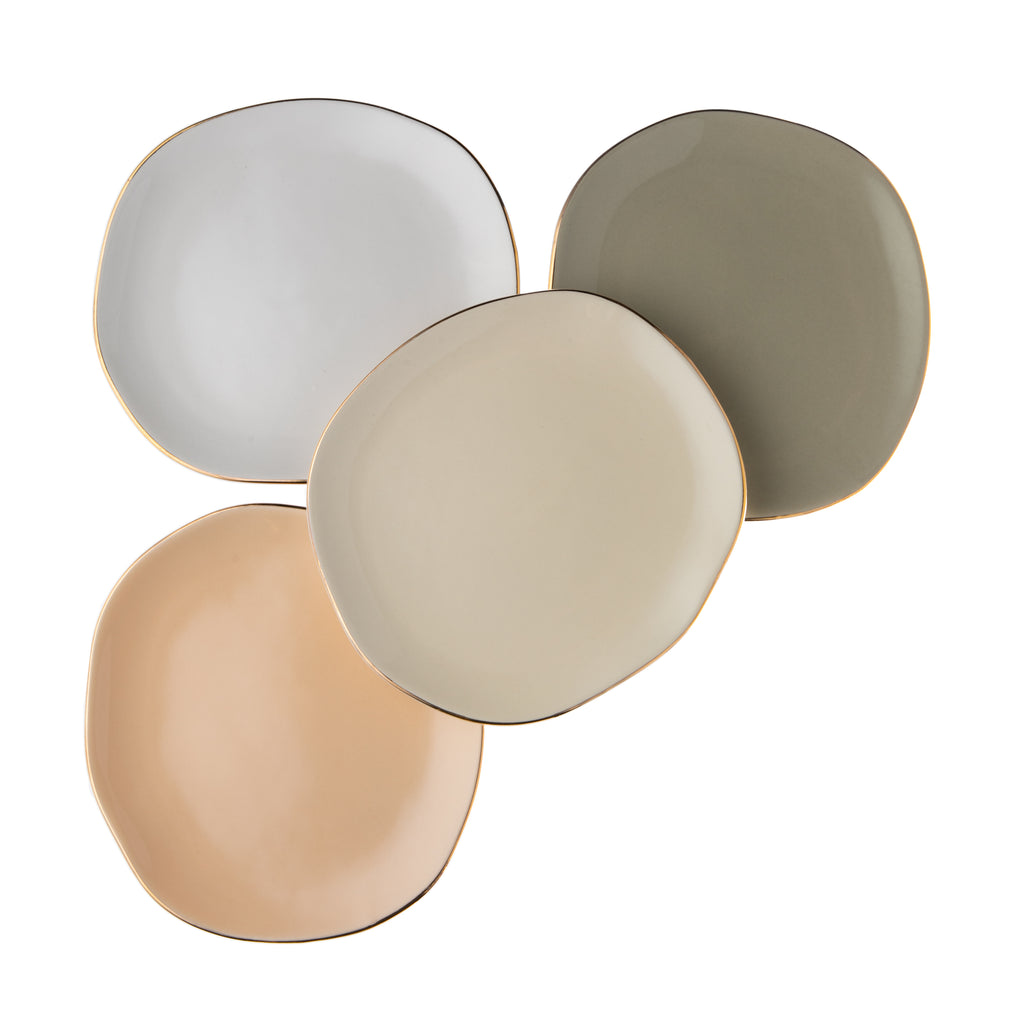 This set of four elegant, gold trimmed ceramic appetizer plates in soft, cool neutrals will add a touch of elegance to your table setting this fall. A percentage of each sale of these pretty plates goes toward supporting education without borders.  4 plates, each in a different, neutral color. 6.5" diameter. Dishwasher safe.