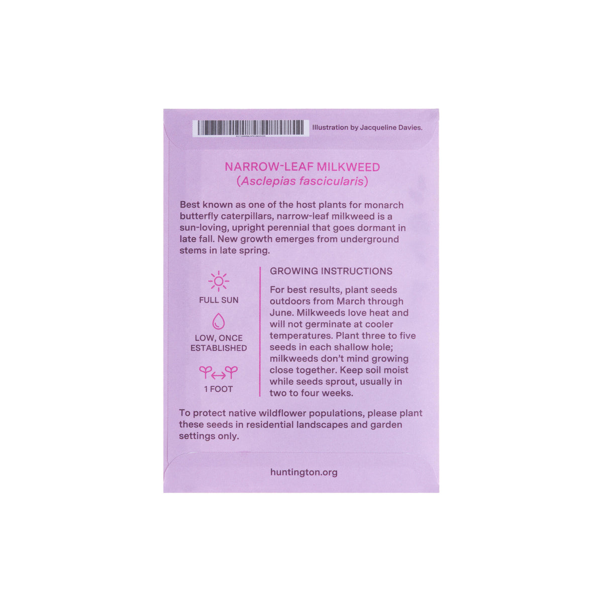 THE HUNTINGTON NARROW LEAF MILKWEED SEED PACKET