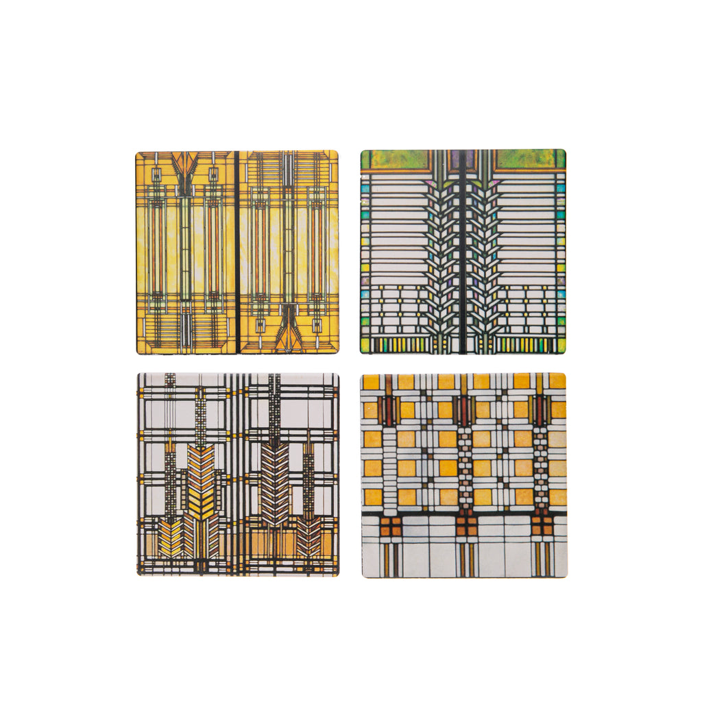 Frank Lloyd Wright (1867-1959) is recognized as pivotal to modern architecture. This set of four stone coasters is inspired by Wright's art glass collection. 