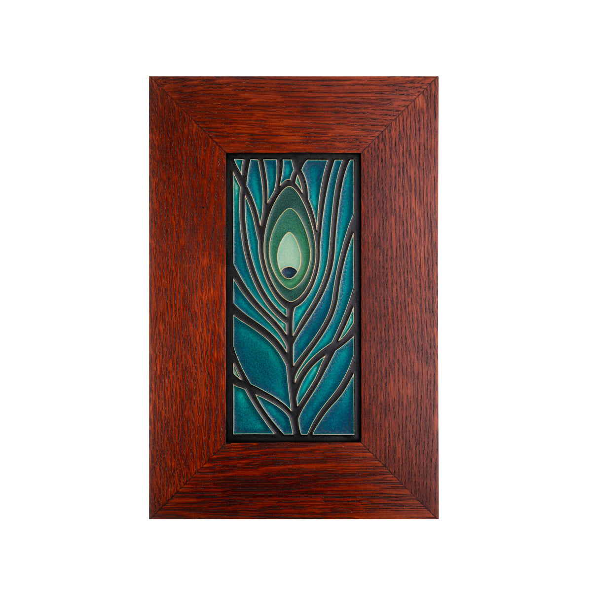 Decorative stained glass panel with peacock feather design in a wooden frame on a white background