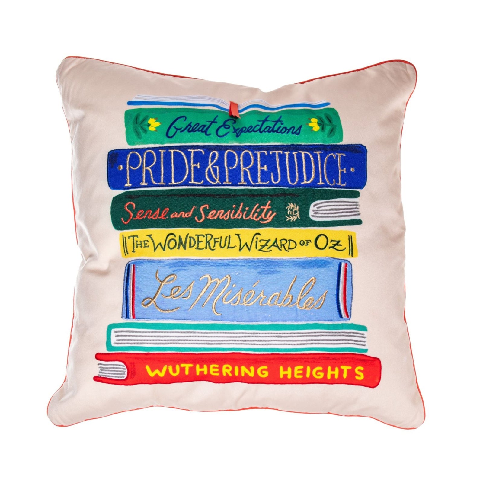 Perfect for your comfiest chair or reading nook,&nbsp;these Book Club pillows feature a shelf of classic novels with embroidered detailing and contrast piping.

A wonderful gift or home accent for any book-lover.
Dimensions: Rectangular lumbar pillow: 13" x 35".&nbsp; Square pillow: 22" x 22"
