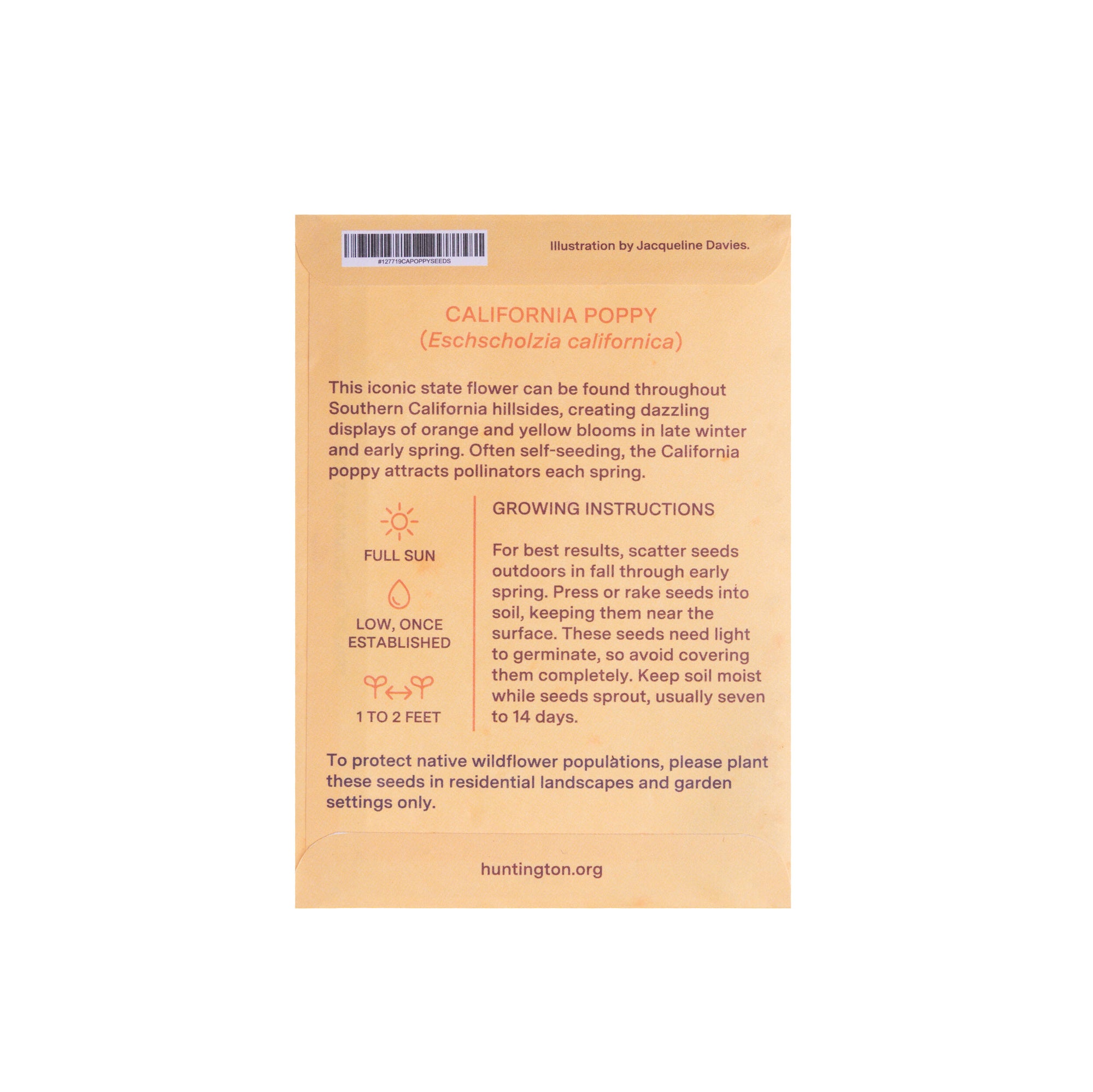 Seed packet with illustration of California poppies and 'The Huntington' branding on a white background