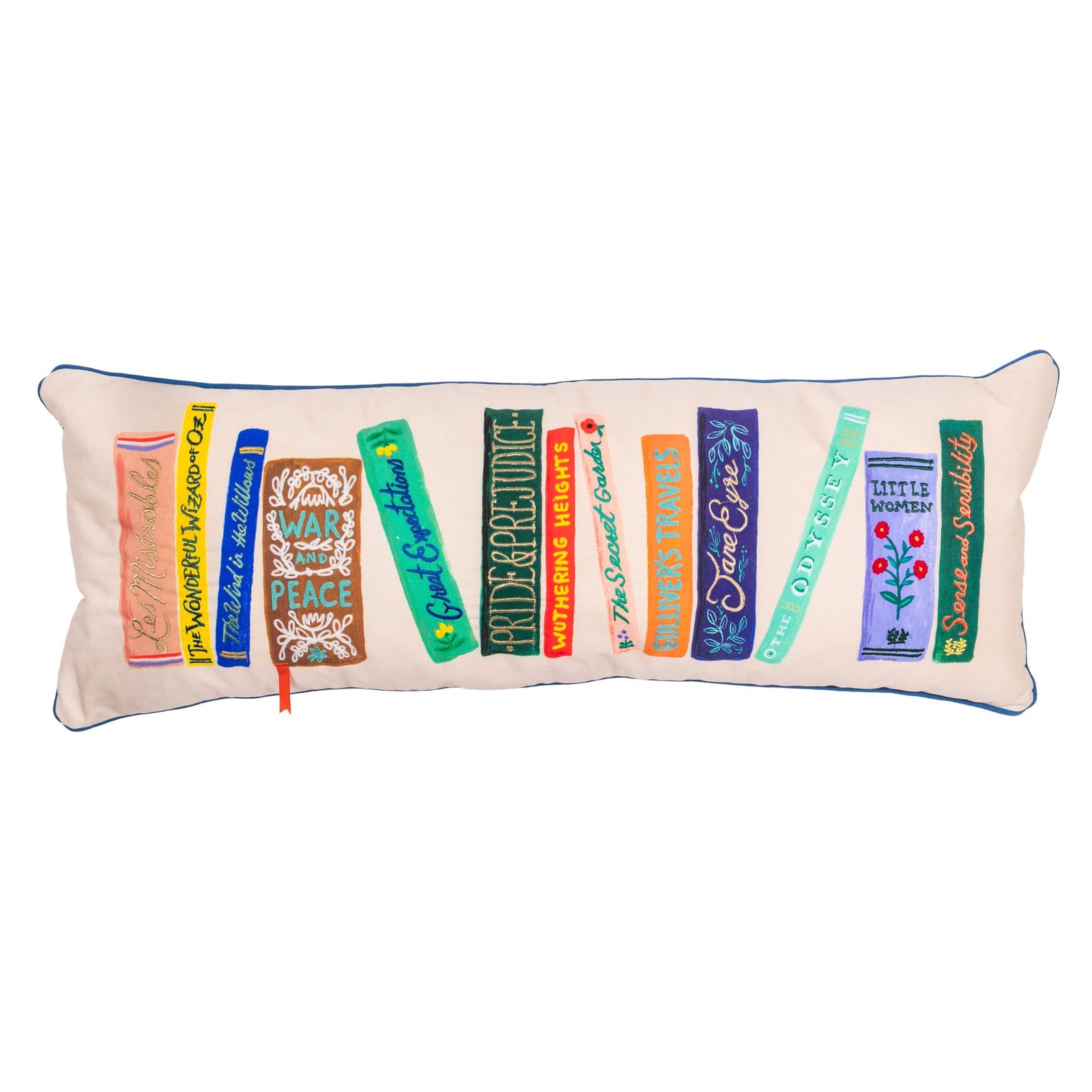 Perfect for your comfiest chair or reading nook,&nbsp;these Book Club pillows feature a shelf of classic novels with embroidered detailing and contrast piping.

A wonderful gift or home accent for any book-lover.
Dimensions: Rectangular lumbar pillow: 13" x 35".&nbsp; Square pillow: 22" x 22"