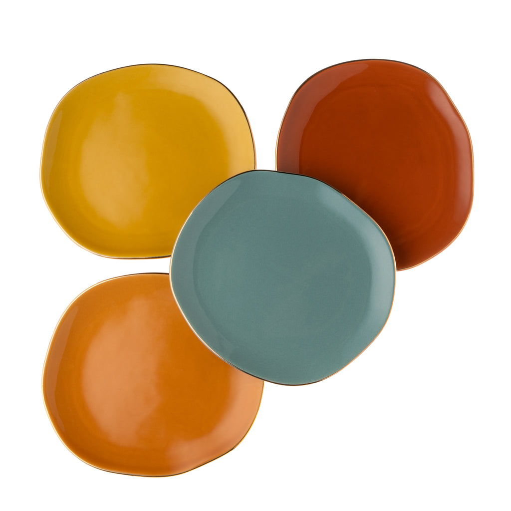 This set of four elegant, gold trimmed ceramic appetizer plates in warm, vibrant brights will add a pop of color to your table setting this fall. A percentage of each sale of these pretty plates goes toward supporting education without borders. 4 plates, each in a different,  color. 6.5" diameter. Dishwasher safe.