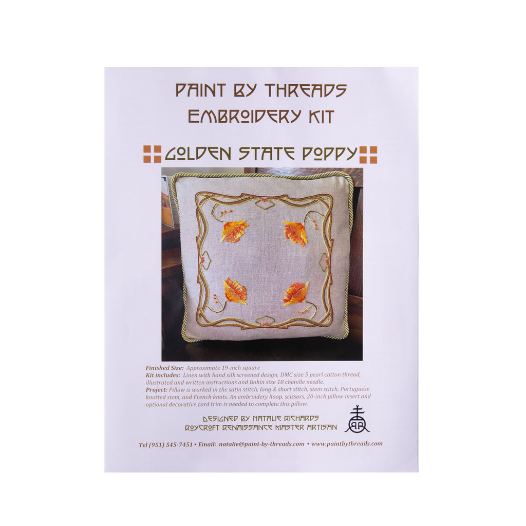 This Arts & Crafts embroidery kit includes materials to create a high-quality throw pillow. The base is 100% linen printed with the embroidery design. Silk and mohair threads are included to give a multi-dimensional finish. Materials: Linen, silk, mohair Finished pillow size: Approx 20" square