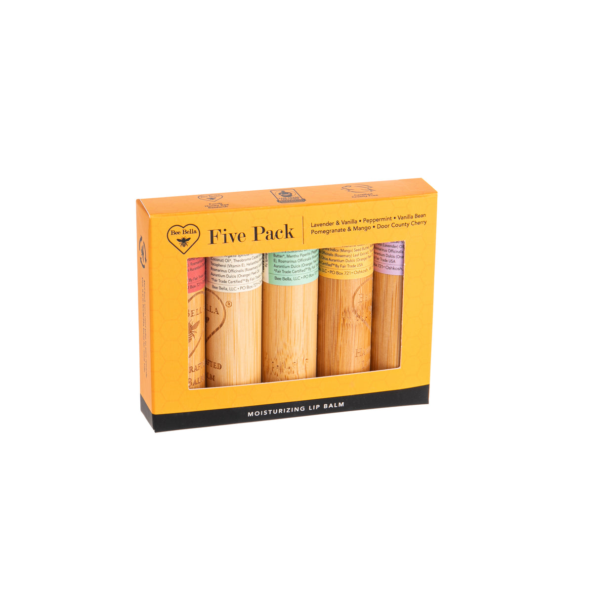 Dry lips got you down? This pack of five gorgeously scented and flavored lip balms are made from natural beeswax to ensure your lips are hydrated and smelling fresh and sweet! Hand poured, natural beeswax lip-balm Made in Wisconsin, USA .Packaged in a sustainable bamboo tube.