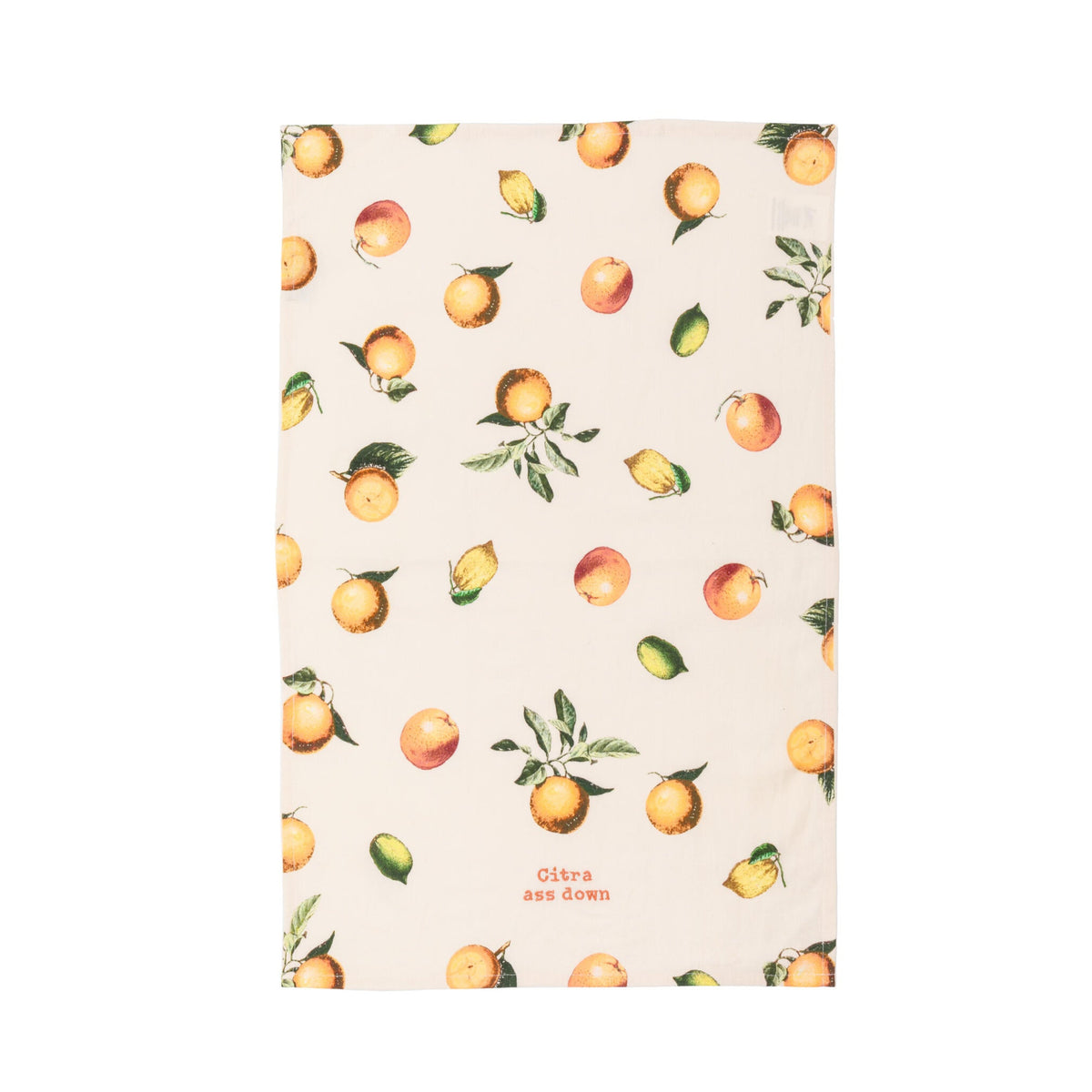 This whimsical cotton linen blend kitchen towel features an all-over retro style citrus design and punny embroidered &quot;Citra ass down&quot; sentiment.