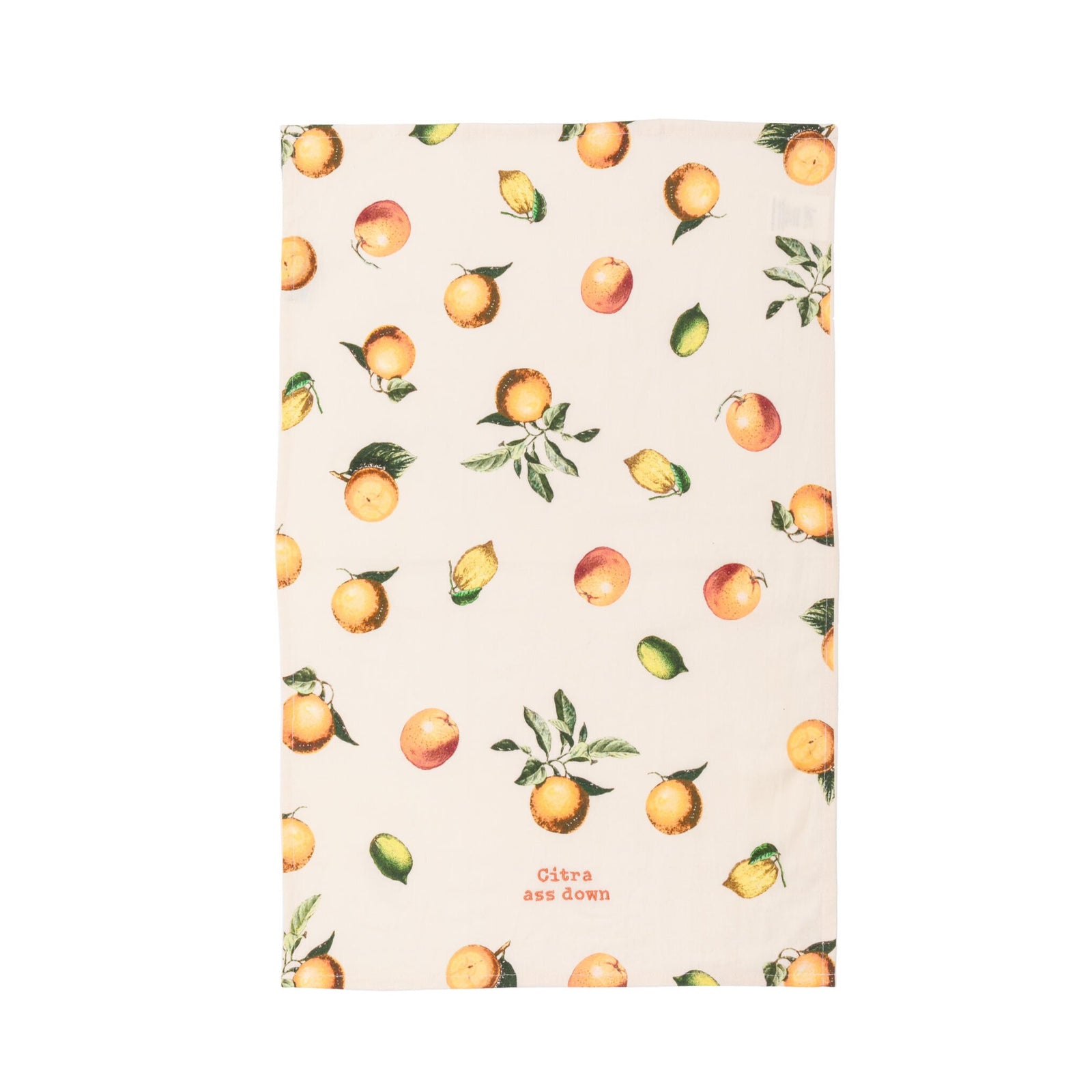 This whimsical cotton linen blend kitchen towel features an all-over retro style citrus design and punny embroidered "Citra ass down" sentiment.