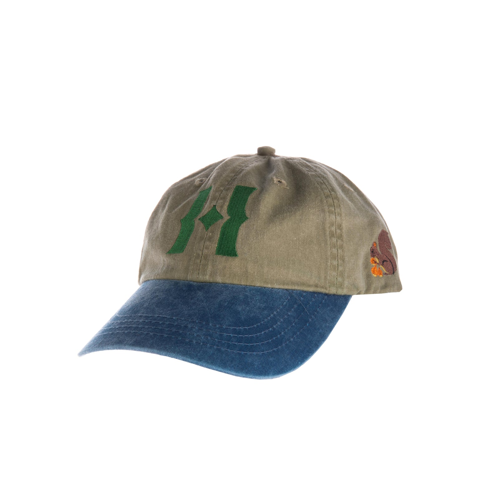 A pigment-dyed khaki cap with blue bill featuring an embroidered 'H' monogram in vibrant colors on the front, a squirrel on the side, and an adjustable strap.