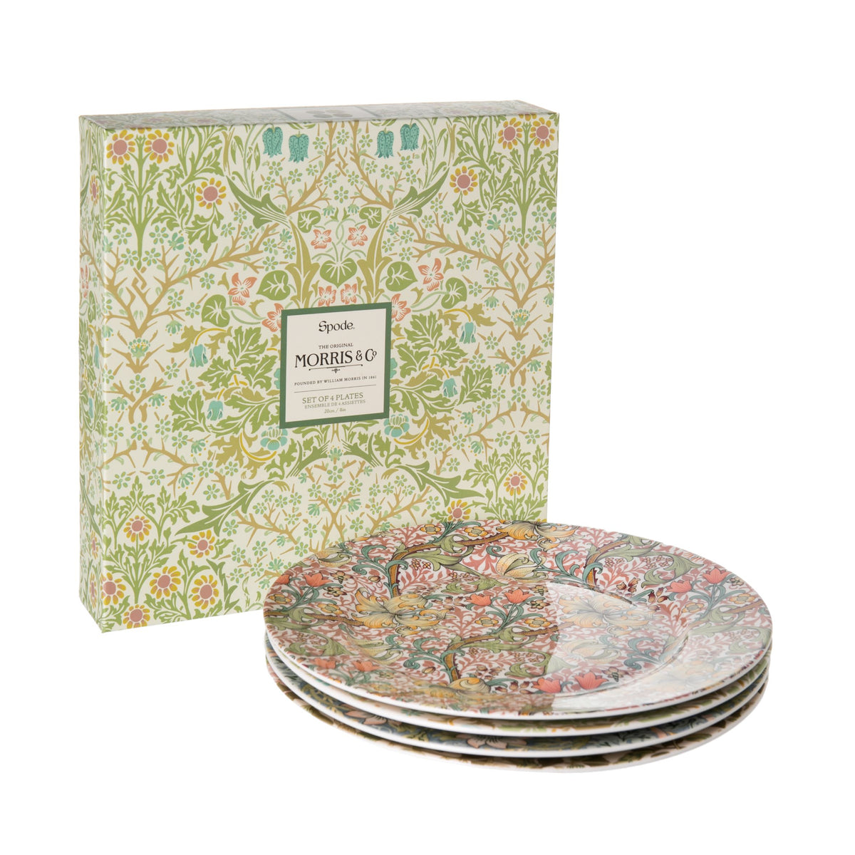 Made by famed British ceramics maker, Spode, featuring original Morris &amp; Co. designs, this set of 4 dessert plates will be a welcome addition to your afternoon tea table. Featuring four of Morris &amp; Co.’s patterns in a soft pastel palette, this stunning set of plates will add a subtle cottagecore touch to your kitchen.
