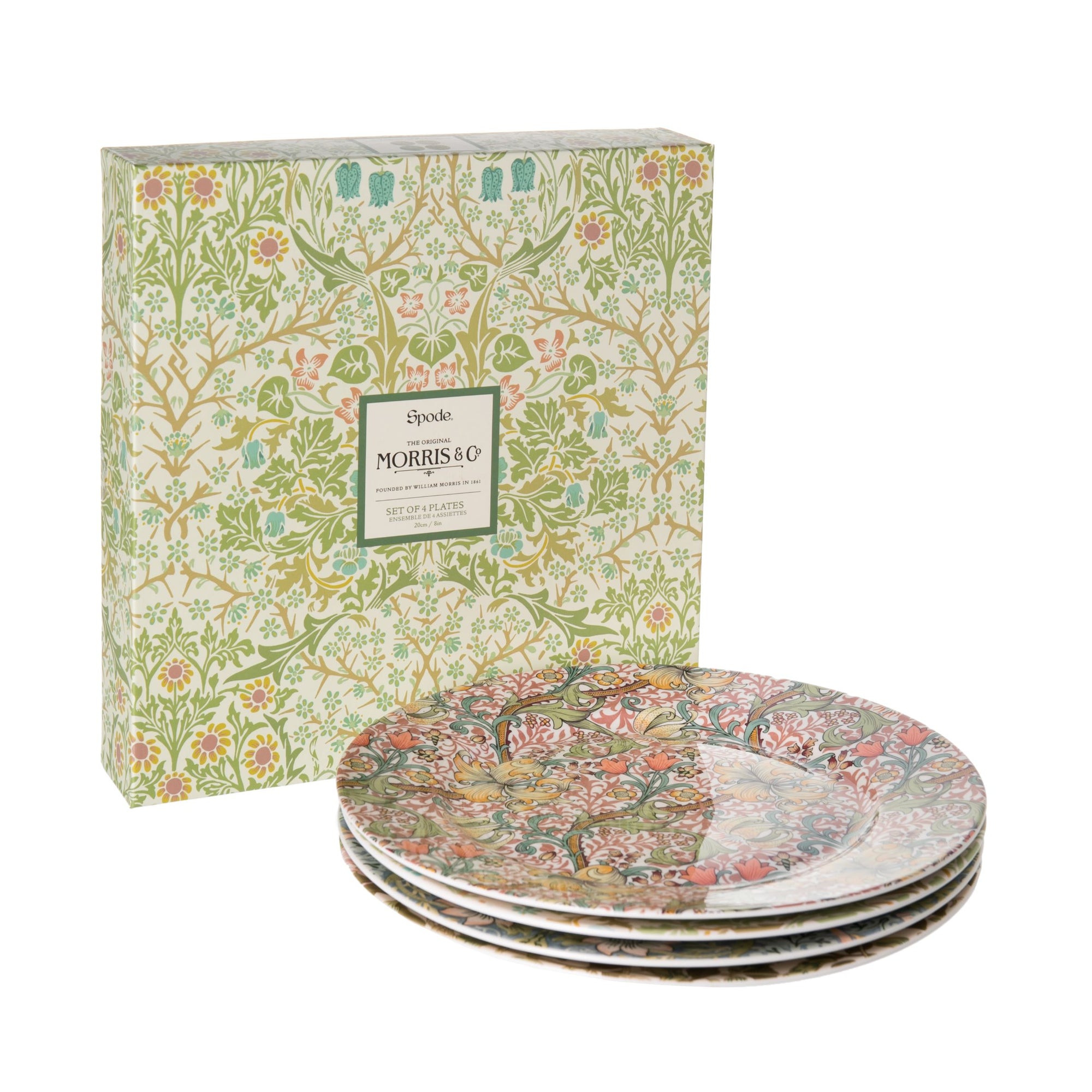 Made by famed British ceramics maker, Spode, featuring original Morris & Co. designs, this set of 4 dessert plates will be a welcome addition to your afternoon tea table. Featuring four of Morris & Co.’s patterns in a soft pastel palette, this stunning set of plates will add a subtle cottagecore touch to your kitchen.