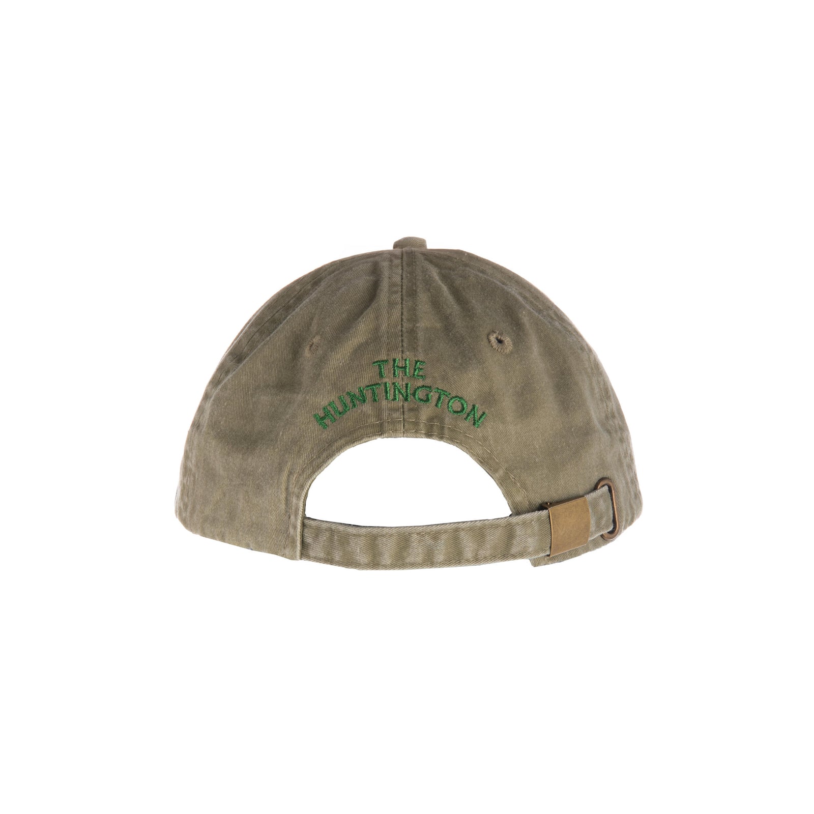 A pigment-dyed khaki cap with blue bill featuring an embroidered 'H' monogram in vibrant colors on the front, a squirrel on the side, and an adjustable strap.