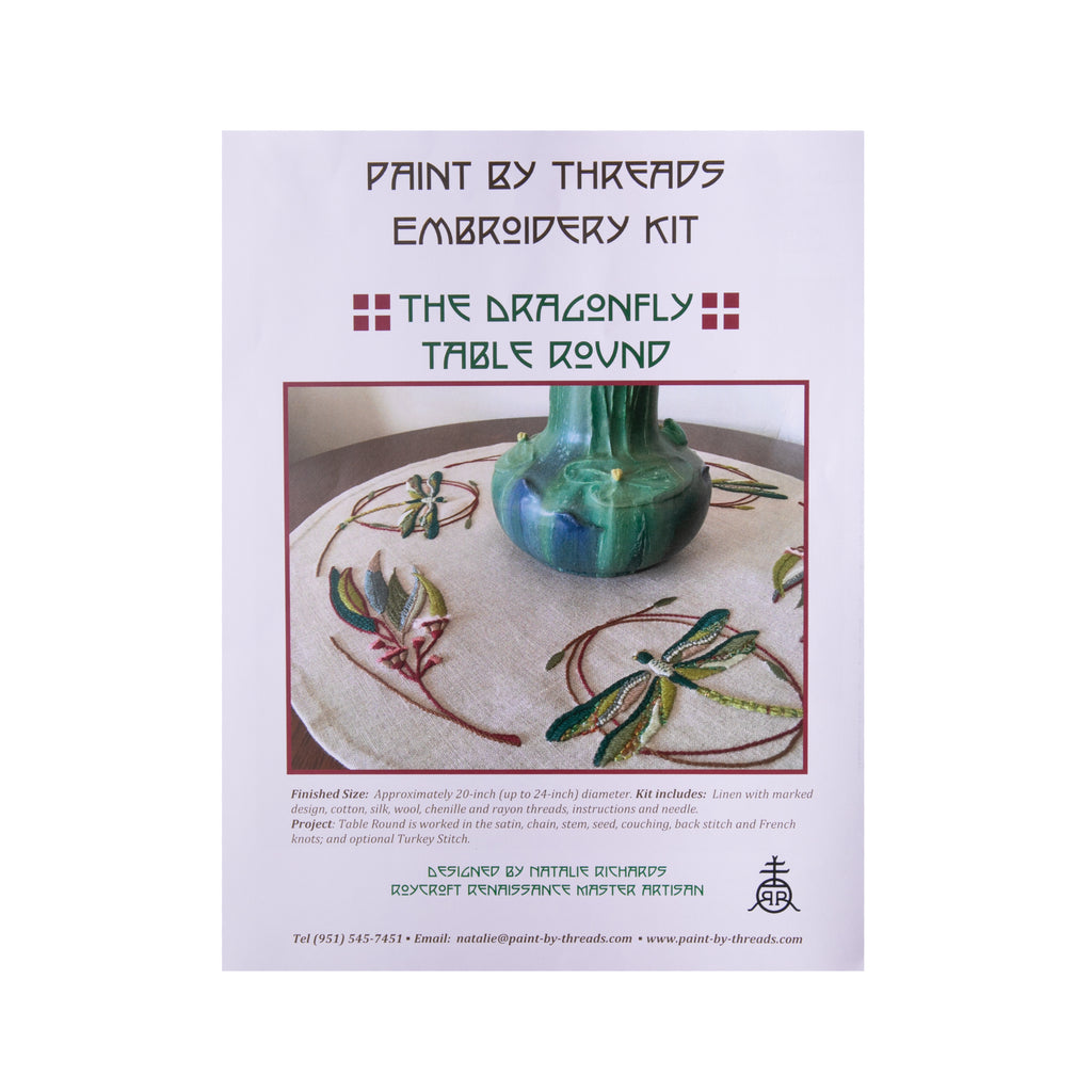 This delightful Arts & Crafts style embroidery kit includes the finest materials to create a high-quality finished table round. The base is natural colored 100% linen, printed with the embroidery design. Silk, wool, chenille, metallic and cotton threads are included. Finished table round diameter: 20".