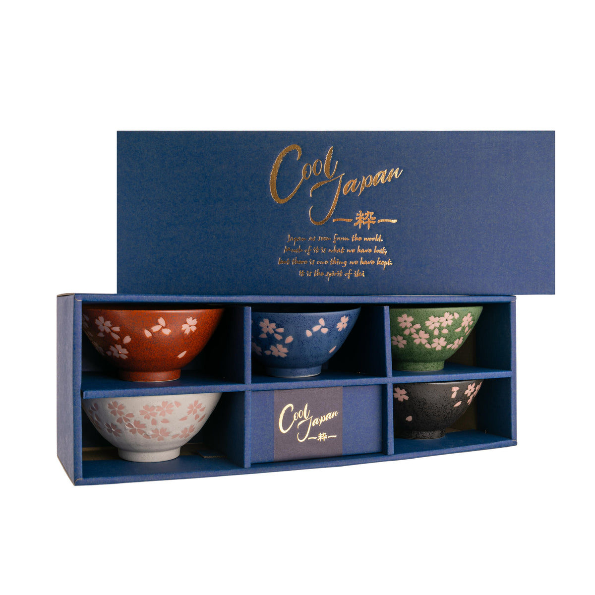 Set of five ceramic bowls in a &#39;Cool Japan&#39; branded box on a white background