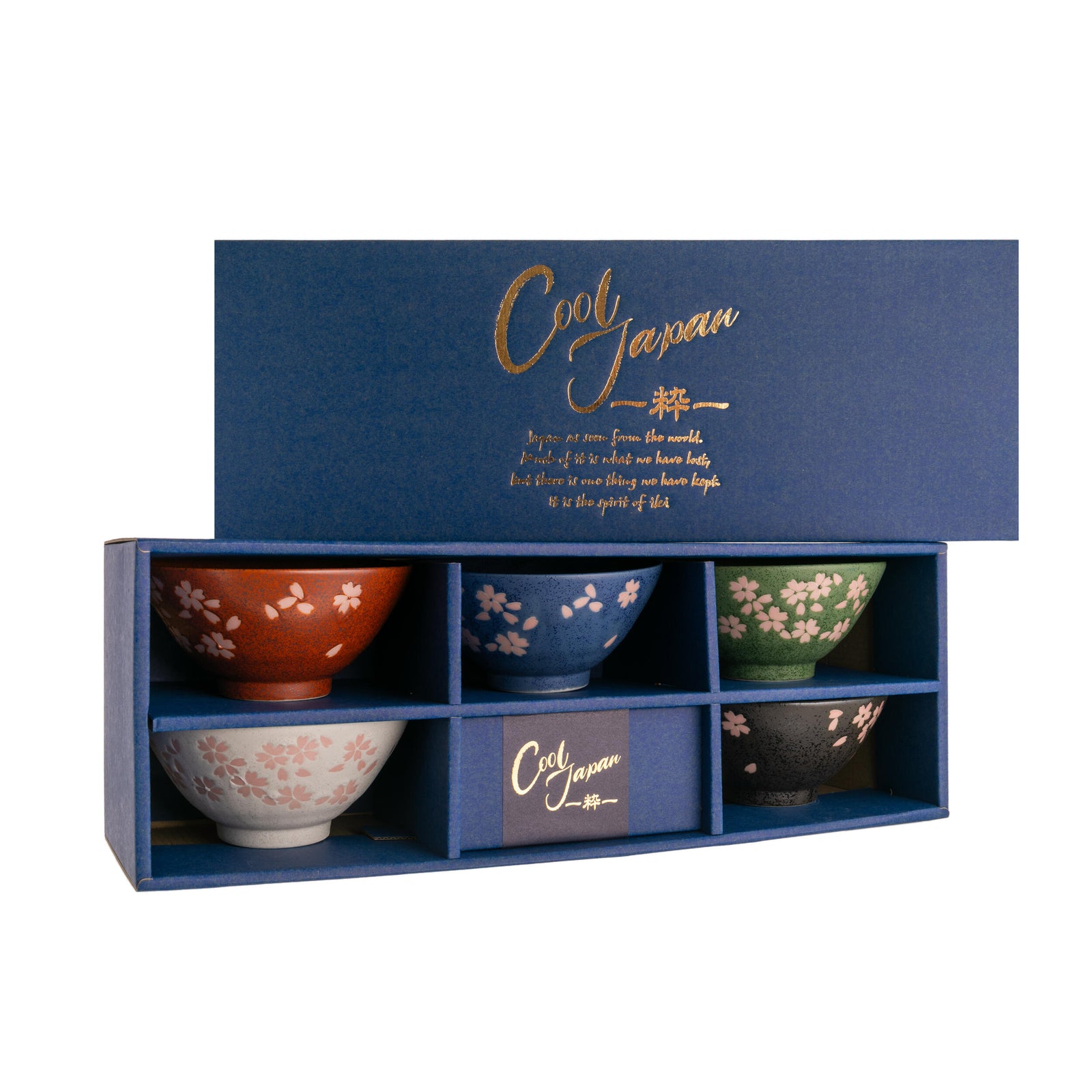 Set of five ceramic bowls in a 'Cool Japan' branded box on a white background