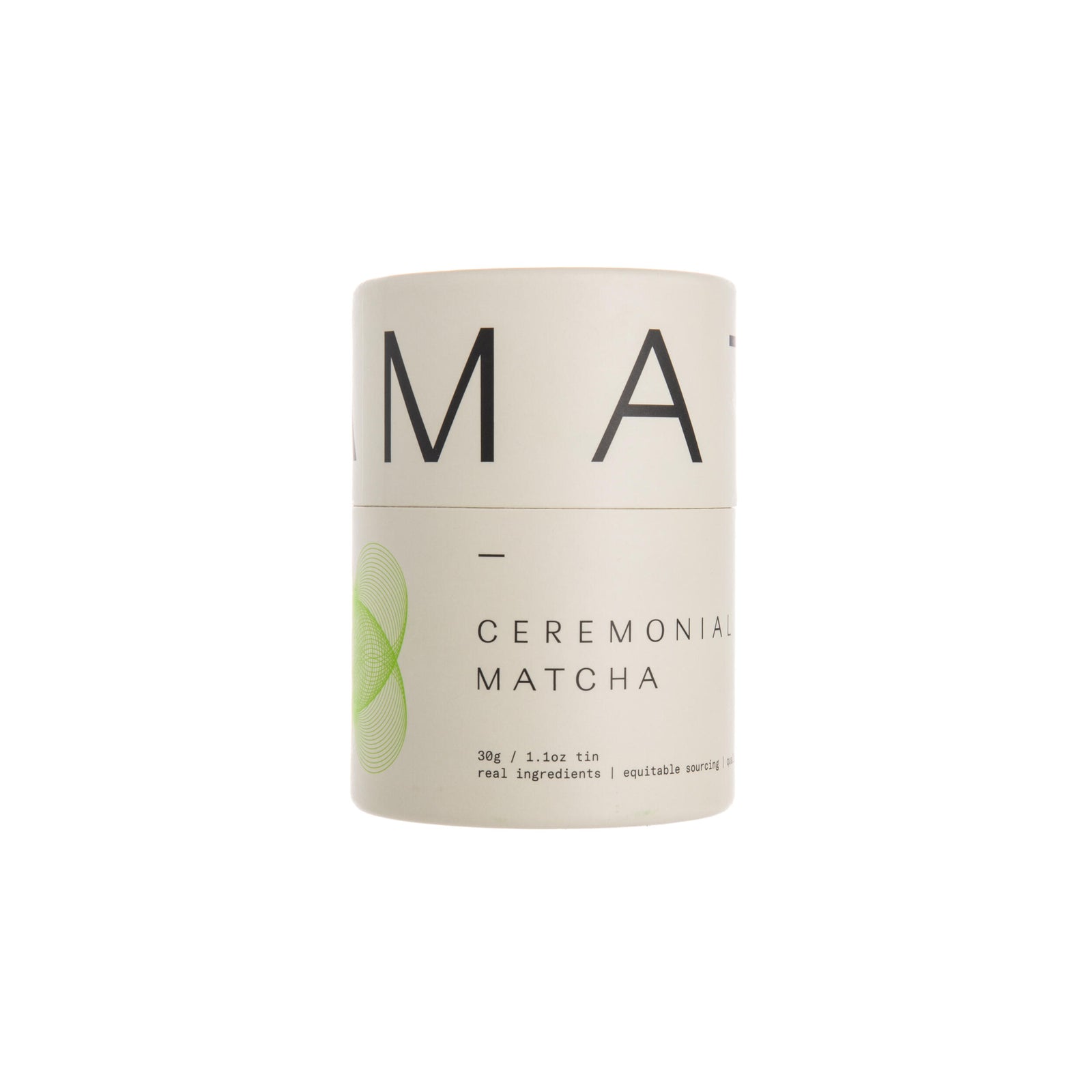 Ceremonial matcha container with 'MA' branding on a white background