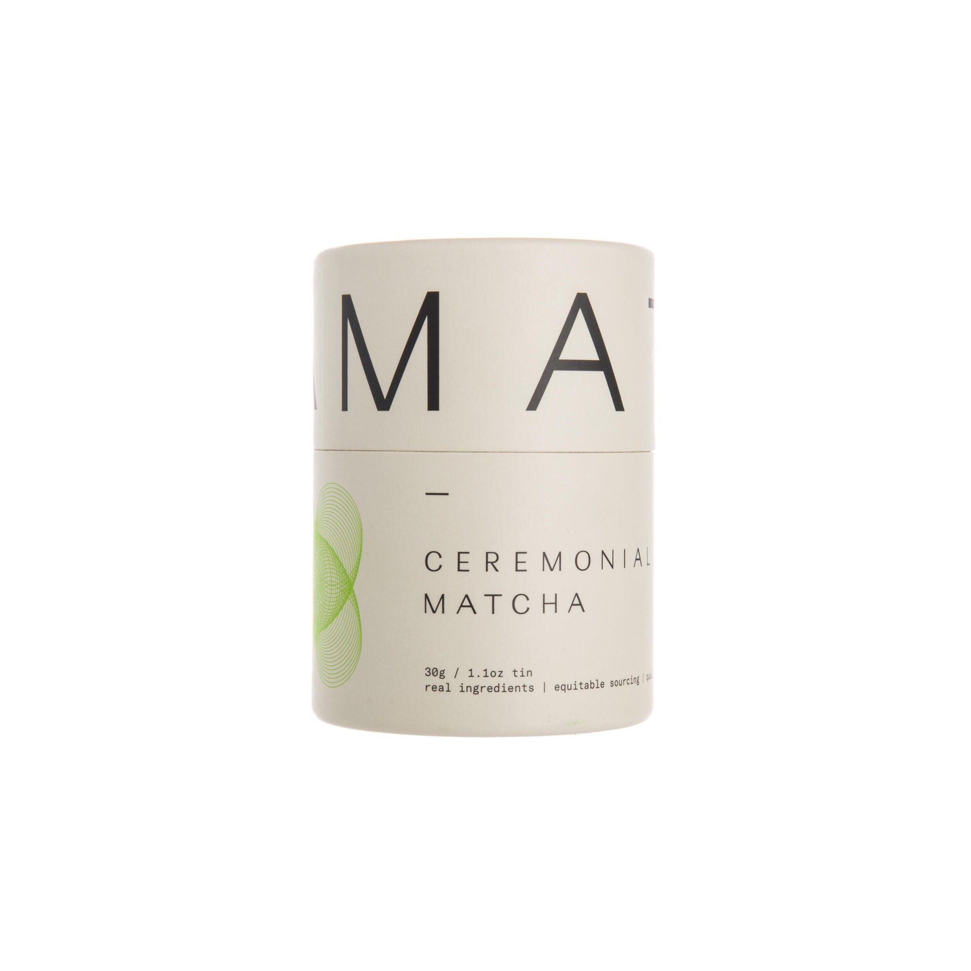 Ceremonial matcha container with 'MA' branding on a white background