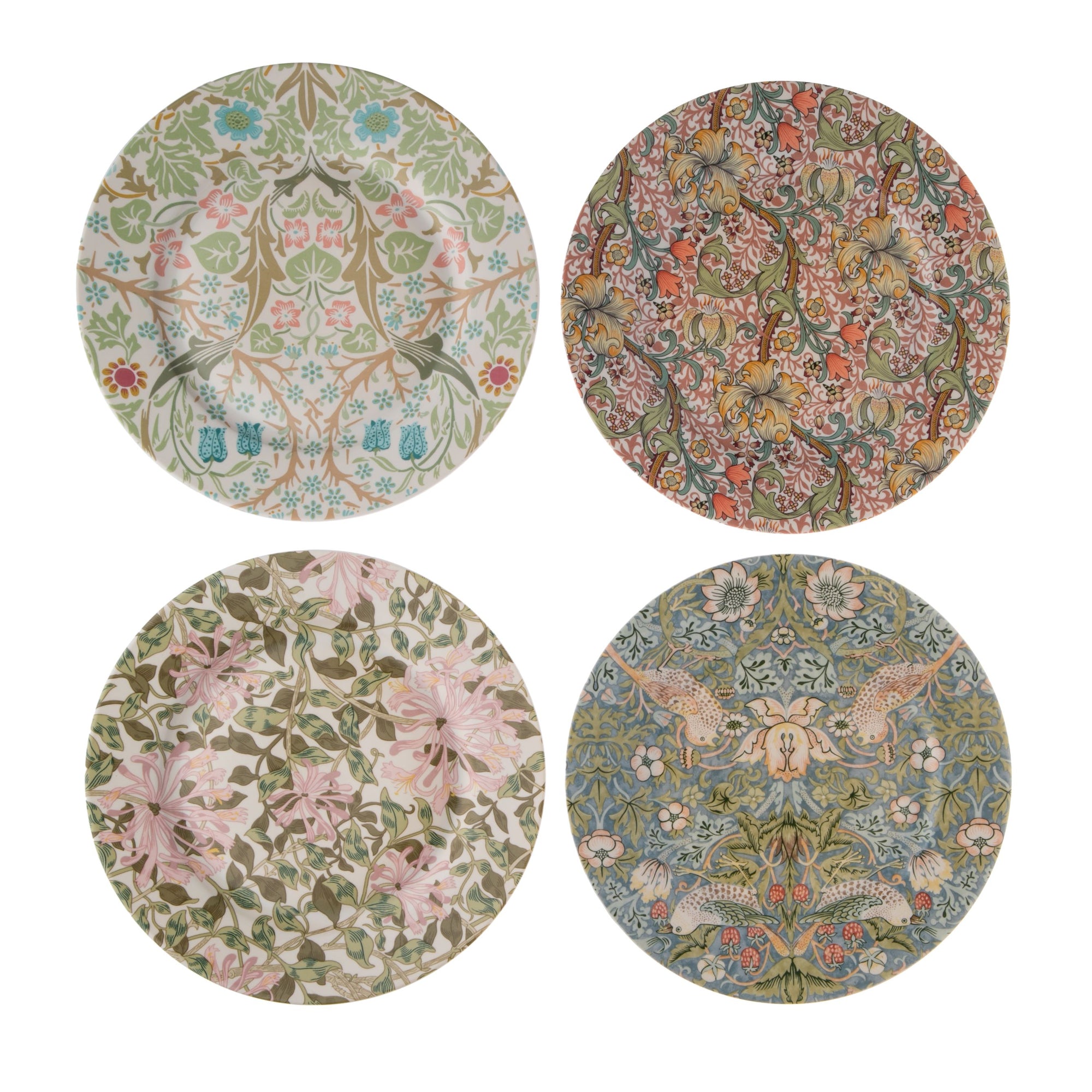 Made by famed British ceramics maker, Spode, featuring original Morris & Co. designs, this set of 4 dessert plates will be a welcome addition to your afternoon tea table. Featuring four of Morris & Co.’s patterns in a soft pastel palette, this stunning set of plates will add a subtle cottagecore touch to your kitchen.